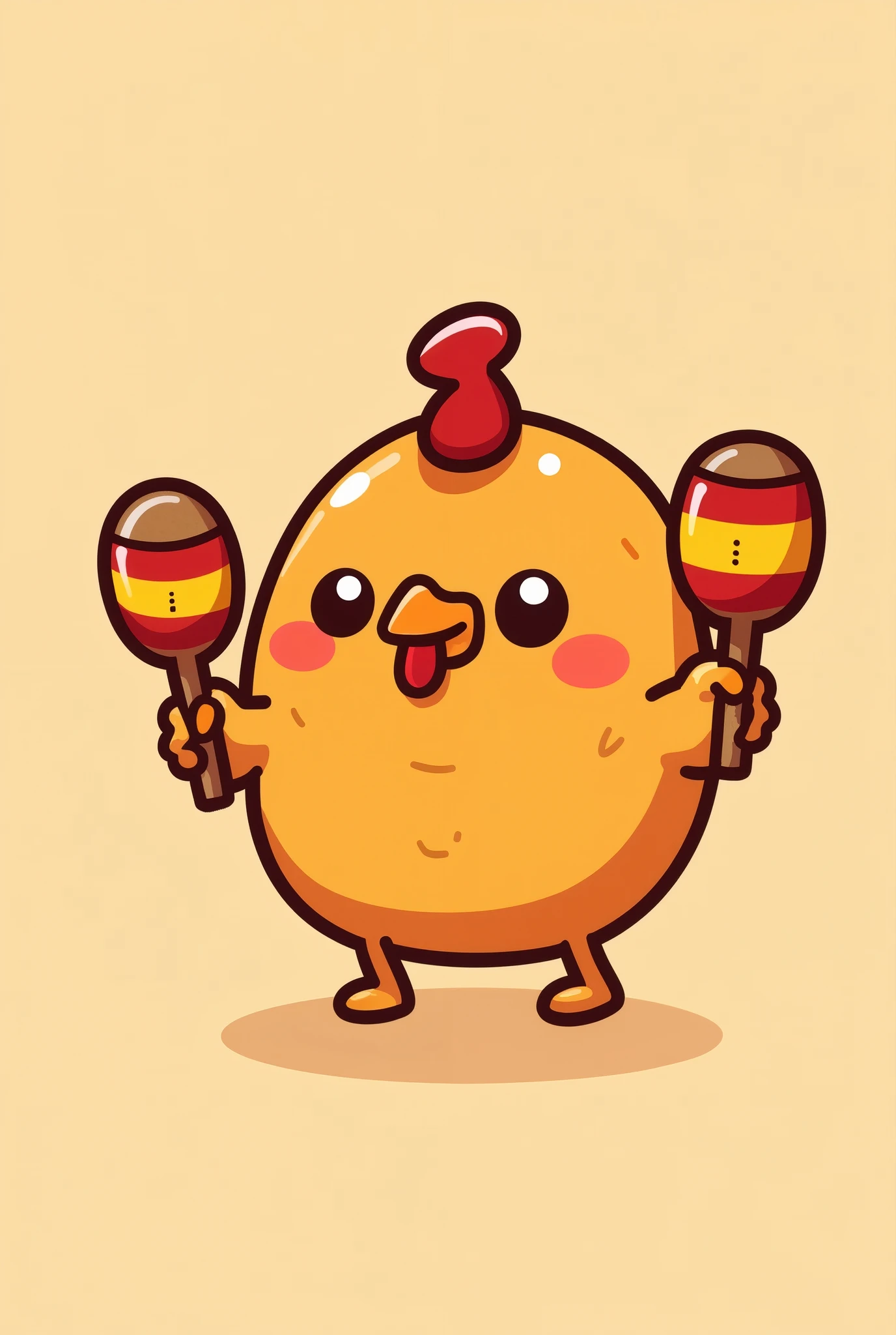 (masterpiece:1.2, very good quality in a beautiful secluded area ,Mirror-like, cinematic experience , best illustrations, very well detailed),8k16k,wallpaper,(SPICY FRIED CHICKEN),(round fried chicken shaped mascot character holding maraca-shaped fried chicken with maracas on both arms:2.0),(Holding maraca-shaped bone-in fried chicken on both arms),(MINIMALIST:2.0),(cute:2.0),(animated art:2.0),(vector art:2.0),(SAN-X style :2.0),(pop background:1.6),( Line art:1.6),(CHIKIP DANCERS:1.6),(Chicken on the bone:1.6),(pastel colors:2.0),(Transform:2.0),(Line art:2.0)