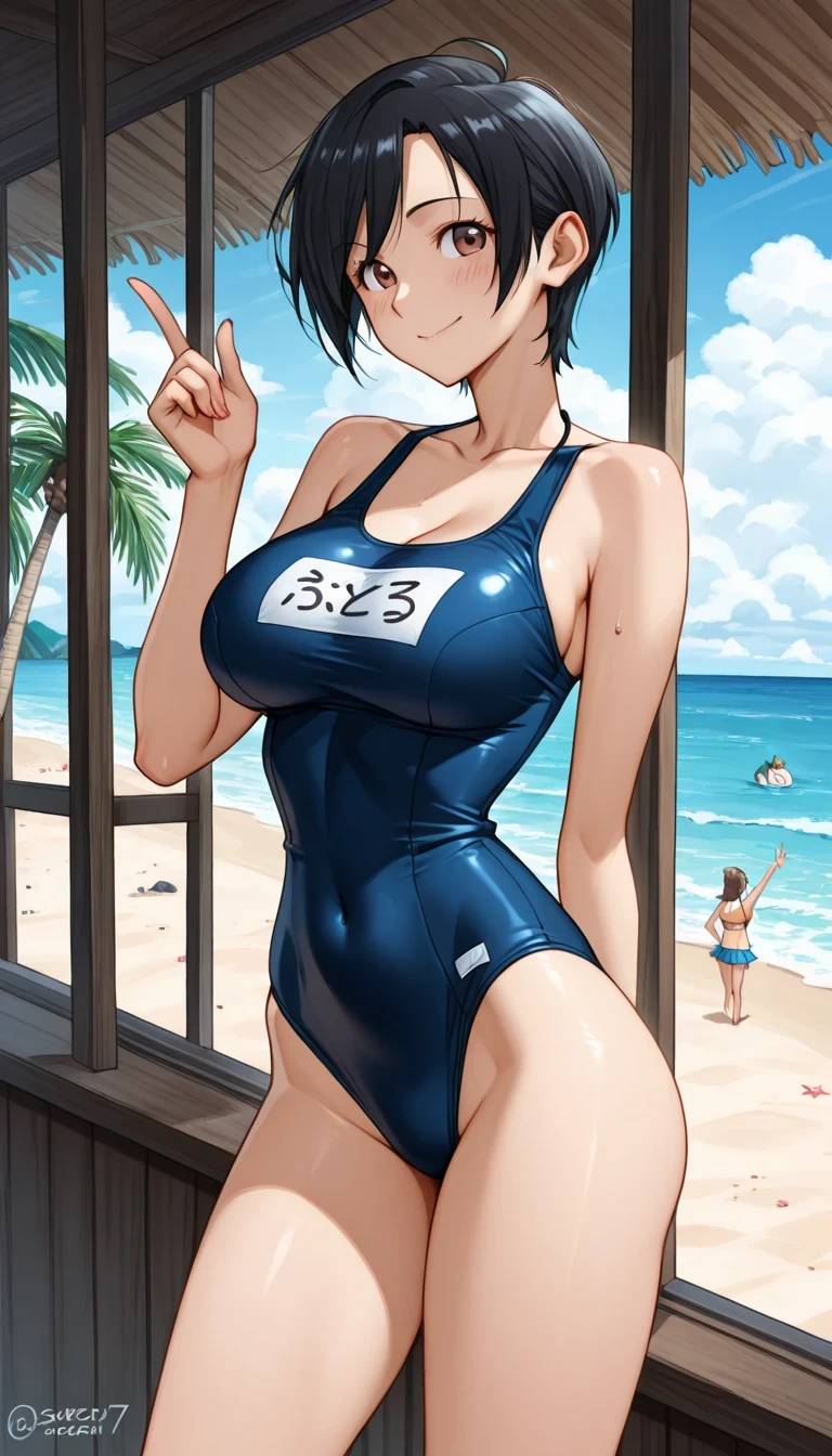 score_9, score_8_up, score_7_up, source_Anime Top Quality、8k、 masterpiece、super high accuracy、 natural light、perfect anatomy、one woman、medium breasts、saggy breasts:1.7、black hair、shortcuts、boyish、(embarrassing:1.2、happy)、school swimsuit、(((Tropical Beach)))、胸をクローズup