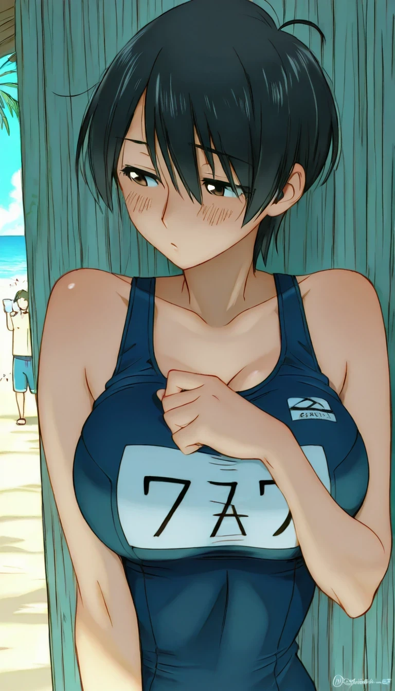 score_9, score_8_up, score_7_up, source_Anime Top Quality、8k、 masterpiece、super high accuracy、 natural light、perfect anatomy、one woman、medium breasts、saggy breasts:1.7、black hair、shortcuts、boyish、(embarrassing:1.2、happy)、school swimsuit、((Tropical Beach))、bust shot