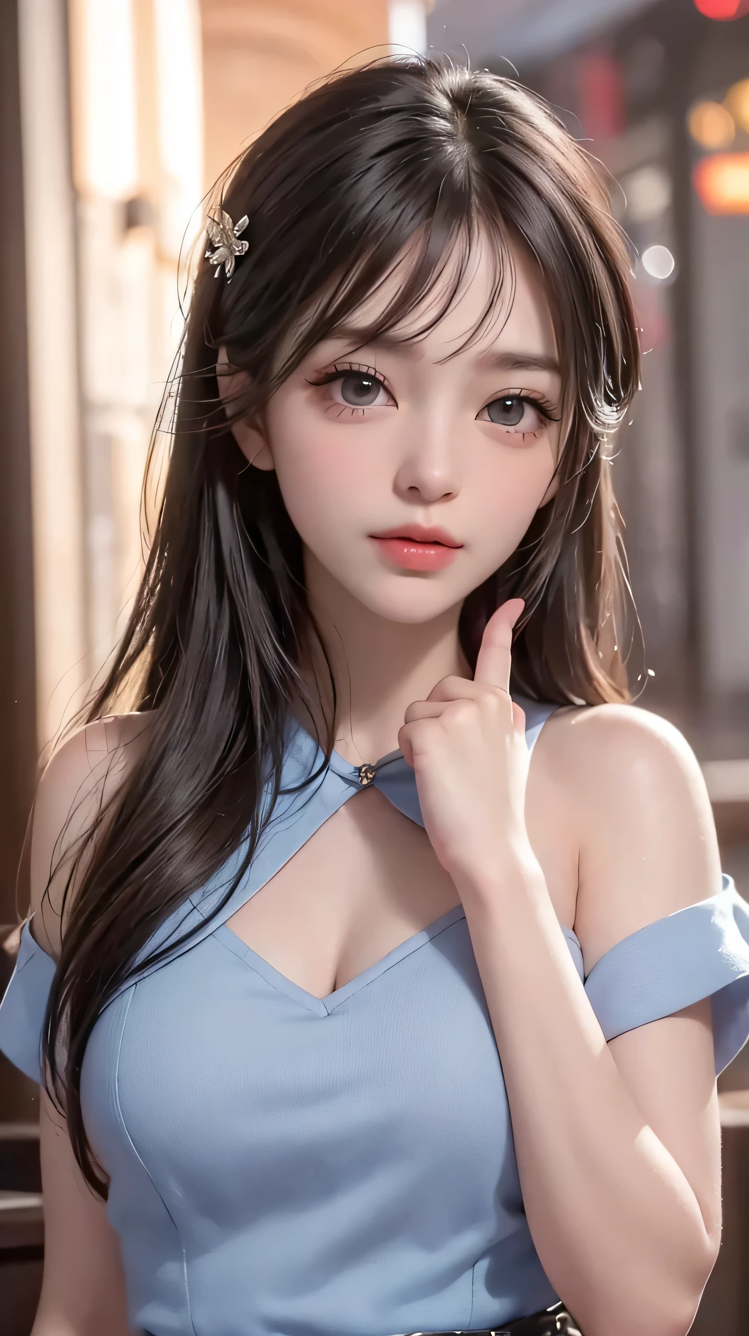 Best quality at best,,Reslisticstyle, (girl ), Colossal tits:1.5, shin yuna, brown hair, (Long Straight hair), eyelids, big eyes, blue eyes, see camera, (Sexy Slit Dress), sexy body