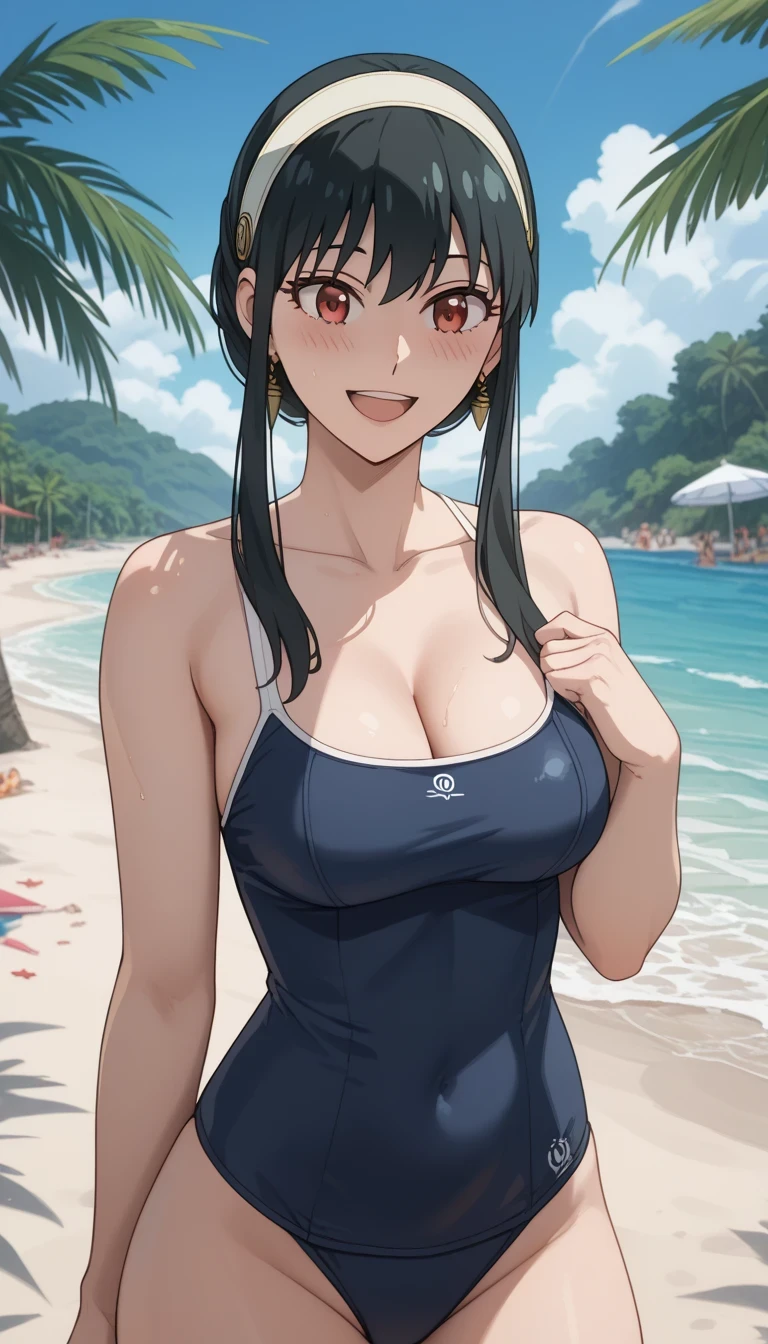 score_9, score_8_up, score_7_up, source_Anime Top Quality、8k、 masterpiece、super high accuracy、 natural light、perfect anatomy、one woman、medium breasts、saggy breasts:1.7、Cleavage、black hair、yor foger、(embarrassing:1.2、happy)、school swimsuit、((Tropical Beach))、The strap is slipping、(((bust shot)))