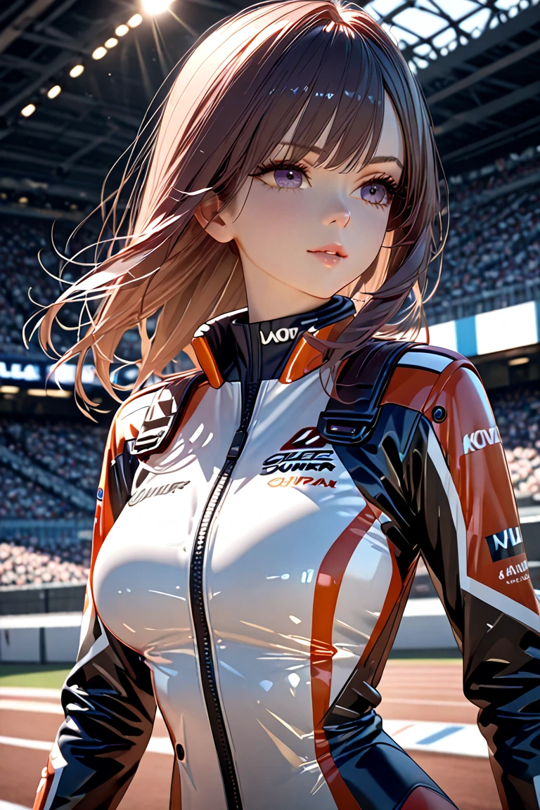 Cute Girl, cowboy shot,he saw, (database), Beautiful curves, attractive, short hair, Beautiful and delicate eyes, absurd, high resolution, Super detailed, (Highest image quality), (masterpiece), (detailed description of eyes), (8k wallpaper), (Detailed description of face), depth of field, (lens reflection), permanent, Lexus IS350 GT300 base model '08 beside, black racing, (F1_racing_suit), actual, Stunning visual effects, car sticker, beach track, sunny