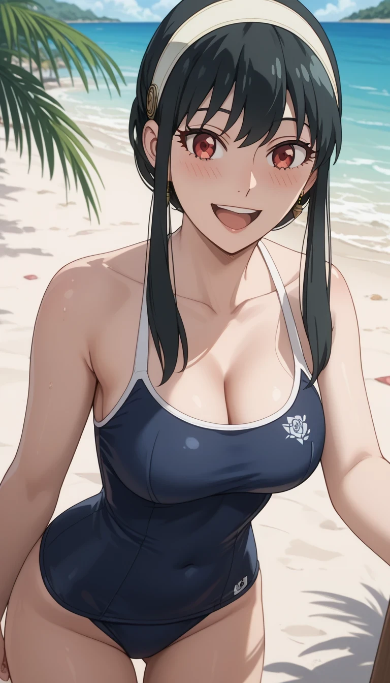 score_9, score_8_up, score_7_up, source_Anime Top Quality、8k、 masterpiece、super high accuracy、 natural light、perfect anatomy、one woman、medium breasts、saggy breasts:1.7、Cleavage、black hair、yor foger、(embarrassing:1.2、happy)、school swimsuit、((Tropical Beach))、The strap is slipping、(((Chest Shot)))
