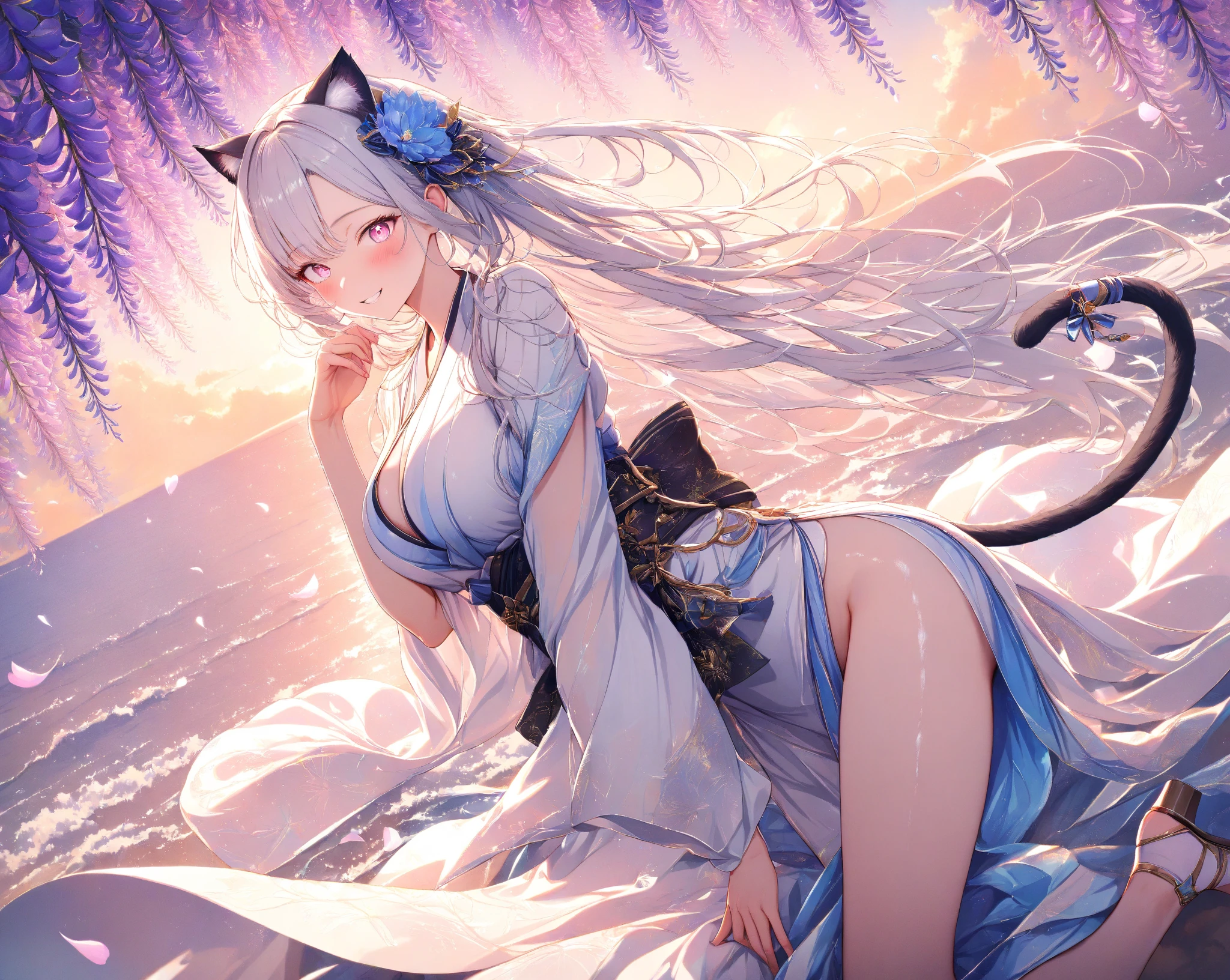 Night，The moonlight shines on the woman in the bath towel，The whole person was glowing with moonlight，The side face is reflected in the moonlight，is very beautiful，(Overlooking the perspective),dynamic angle,magicle world，Super meticulous,illustratio,closeup cleavage,Looking directly at,Kizi,(fanciful:1.4),(Blue eyes:1.233),Her eyes shone like dreamy stars,(glowing light eyes:1.233) ,(美丽细致的眼睛:1.1),(silber hair:1.14),(messy  hair,Very long hair,french braid,Hair between both eyes,Lateral hair),(+(Gray hair flower:1.14)),(Chinese white long-sleeved Hanfu,Off-the-shoulder attire，Expose the collarbone，Uniform white flower pattern)/=(army suit:1.24),(Wide sleeves),(Fingerless gloves),choker necklace,(miko thighhighs),high heels boots,(Frightened expressions),(standing on your feet), (big trees，In the forest，Shadows interlace, All kinds of beasts, ),(flor branca,full bloom),(flowingwater),(Dark Blue World Tree:1.14),(废墟),(natta),Dreamy,soul,(Fluorescence),(Flying translucent blue butterfly:1.15),[[Delicate fingers and hands:0.55]::0.85],(Finger details),(yubao:0.5),3D，full bodyesbian，the detail，Background bokeh，high qulity，high detal，deep v big breasts，huge tit，Expose cleavage，Large trees interlace，full bodyesbian，Hanfu，solo person，Barefoot