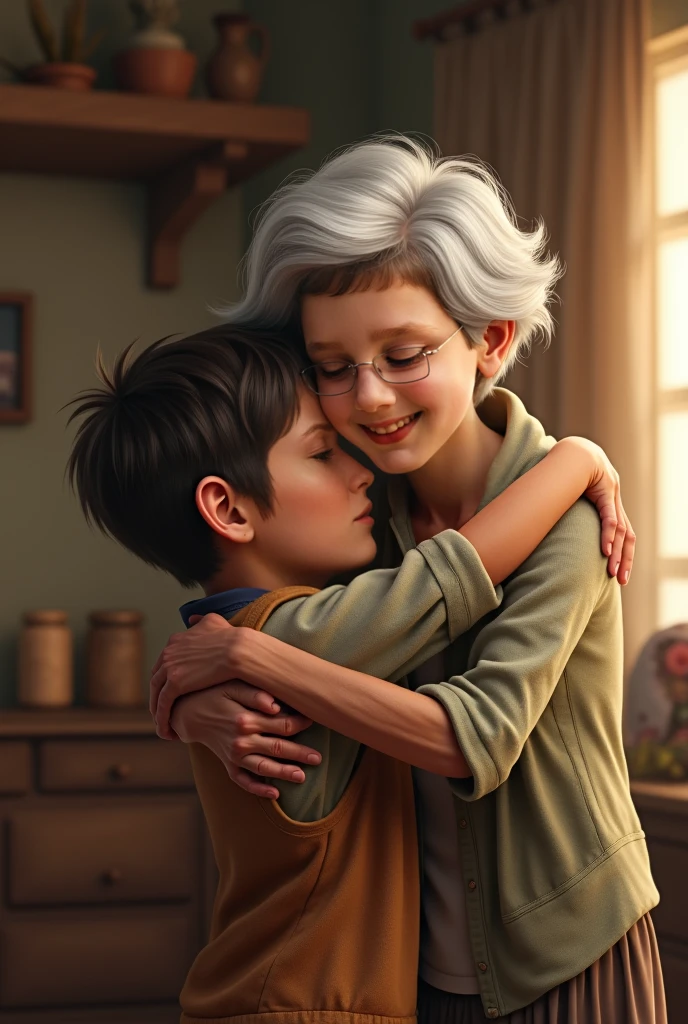 50 year old woman with a white pixie haircut hugging her 6 year old grandson with shaved brown hair