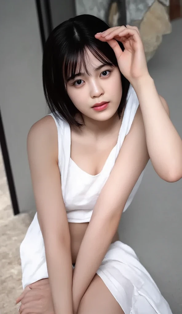 ((highest quality, 8k, flying debris: 1.3)), beauty, Japanese Girls, whole body, Perfect ???????, Black Hair, Blunt bangs, Short hair tied with hairpins、23 years old, Face Focus, Detailed face, Highly detailed lips, Fine Eyes, Sweaty skin: 1.2, ((On all fours)),Smiling with teeth showing,Colorful sleeveless dresses,In my room,((So that you can see your thighs)),Gold earrings,Knee-high socks,choker,