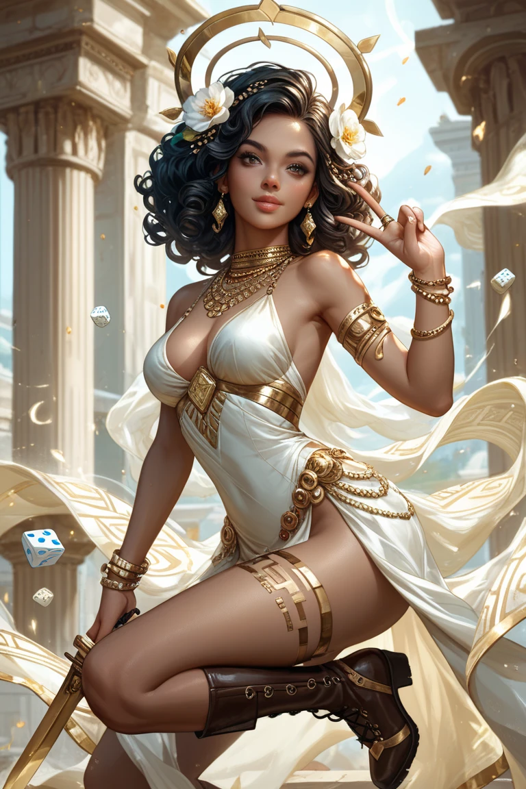 egyptian princess),, in her throne, legs opened wide, white, white strands of hair, short curly hair, Green eyes,), , highheels, Choker, Simple makeup, , (Realistic:1.2), (Masterpiece:1.2), (full-body-shot:1),(cowboy shot:1.2), neon lighting, dark romantic lighting, (Highly detailed:1.2),(Detailed Face:1.2)