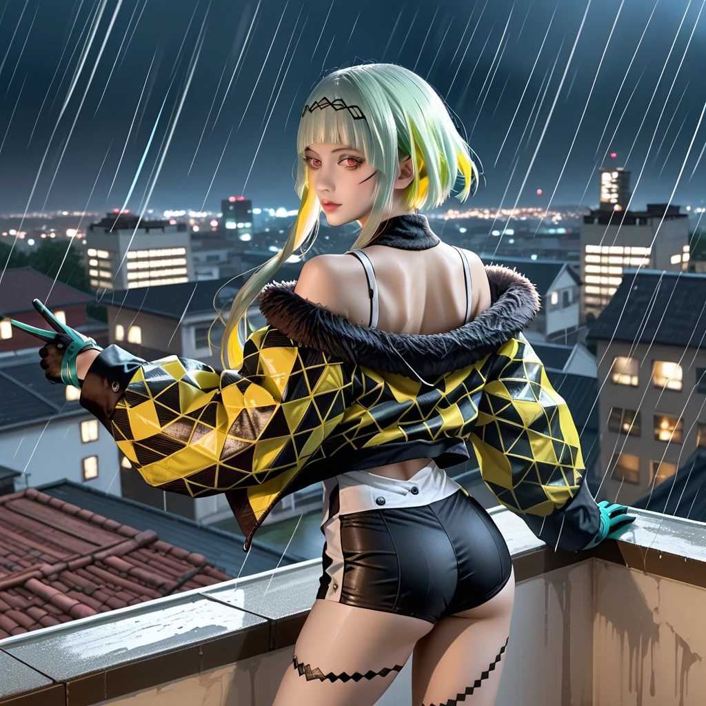 ((Perfect Anatomia:1.2,realisitic:1.3,RAW photograph:1.3,work of art、highest quallity、Ultra - high resolution、high resolution、highly detailed CG、8K)),all-body,1womanl,standing alone,18 year old beauty, Japanese、((beautiful face and detailed eyes:1.2,big gorgeous eyes:1.2)), short silver bob hair, hair flower, sharp bangs between the eyes, yellow eyes, eyes large, traditional chinese imperial clothes black with gold details, red skirt, black thigh high socks. fully body, crouched on the street of a Japanese city, at night, with full moon in the background, light reflecting on the sexy and sweaty body. (((sweat)))medium breasts,slenderbody,Small head:1.5,skinny,(brown skin:1.5),(greasy skin,shining skin,shining skin,sweat:1.2),(skindancing,) blackstockings,black sneakers),Shibuya Station、Tokyo、neon、at night、