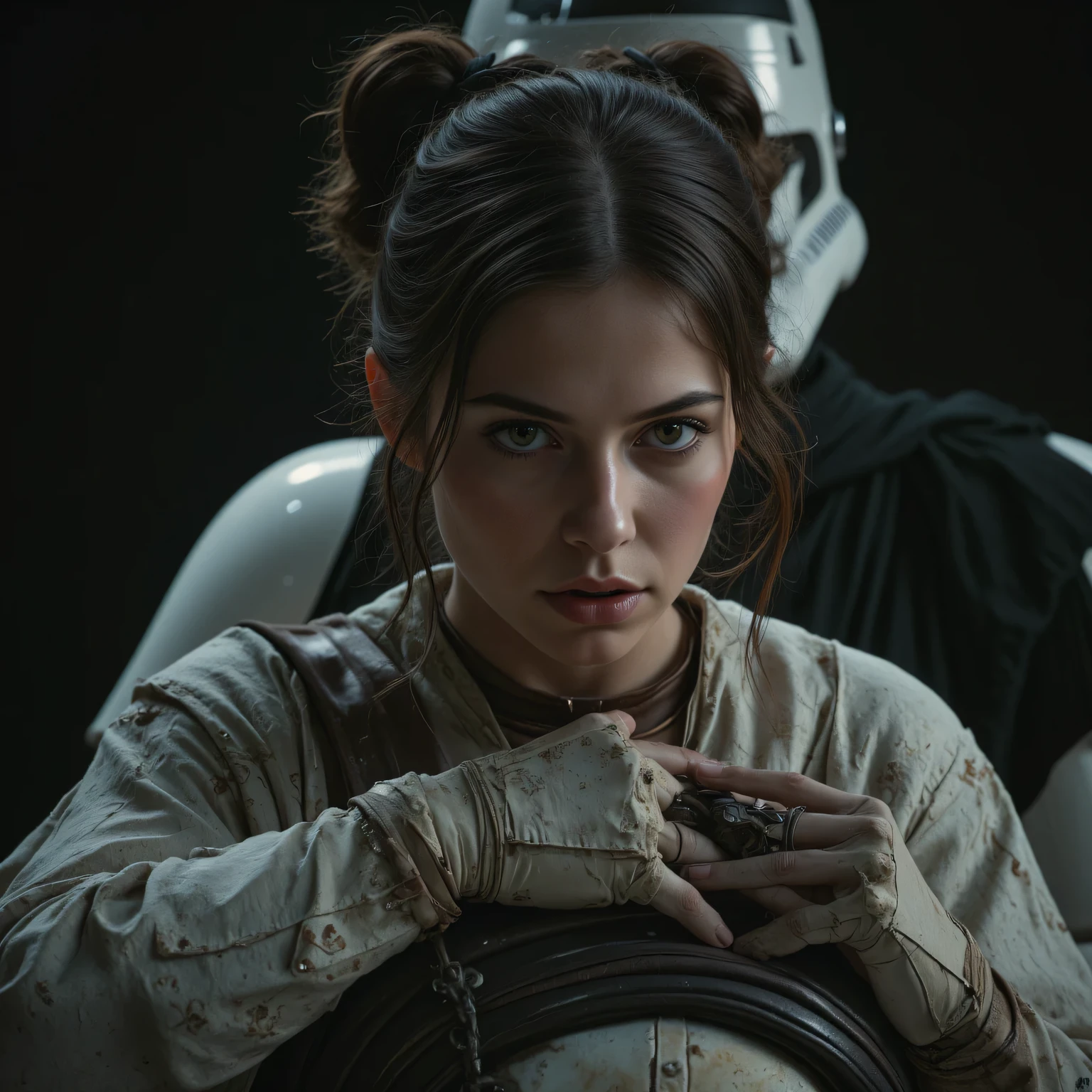 sfw,1 girl and 1 man, Princess Leia in slave dress kneels in front of an imperial stormtrooper,backend types, star wars movie, detailed face, expressive eyes, cinematic lighting, photorea dramatic pose, very detailed, photorealistic, 8 k, digital art, Award winning,  trending on Art Station , art concept style, muted colors, dramatic shadows