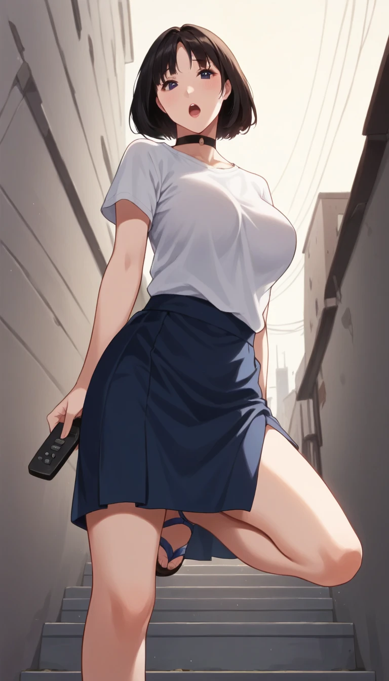 a housewife, ((masturbation)), (((touch her crotch with her hand))), (drooping eyes, eyes with realistic sizing, realistic skin), dark-brown-iris, thin thighs, eccentric pose, (long casual dress with all sorts of pattern), ((sweat)), (standing and spread her legs, pubic hair), swollen nipples, (((open mouth, blush))), on the sidewalk downtown, sky, road, angle from diagonally below, (a big plastic bag),