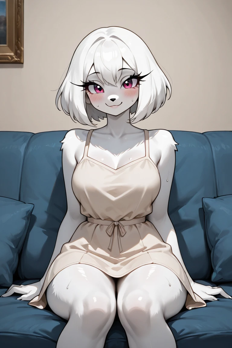 Imabunbun, furry, rabbit girl, rabbit ears, two-tone hair, white fur, red eyes, spiral eyes, animal nose, short hair, pink tank top, bottomless, pussy, sitting, sofa, indoors, looking away, smile, blushing <lora:ImaBunBunOC:1>