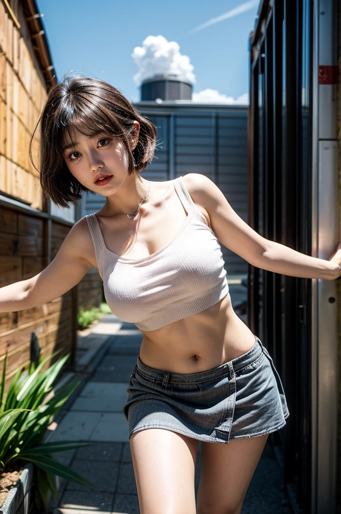 Super sexy Maria dressed (Low-cut and tight (Flare Jeans)), ((White crop top top:1.5) Vest with exposed neckline), bald-headed,No hair,without eyebrows,Barcodes on the face under the eyes, photorealestic, photography of, (A high resolution), (realisticlying:1.4), (very intricate), (exquisitedetails), highly detailed, A high resolution, Original, Extremely detailed 8K wallpaper, best qualtiy, Detailed face, ultra - detailed, RAW photogr, realisticlying, (thigh gap:1.5)armpit