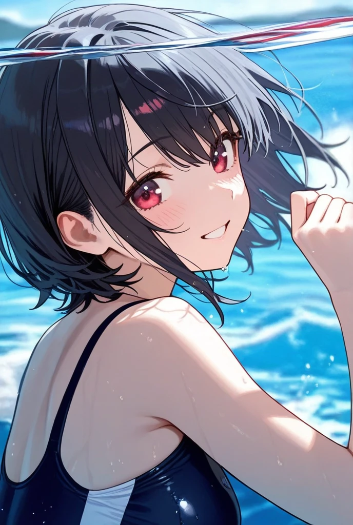 konosubaMegumin, Megumin, short hair, Black Hair, (Red eyes:1.3), short hair with long locks,happy smile,smile, Open your mouth, School Swimsuit,Water Play,Wet Hair,Wet Skin,Wet swimsuit,whole bodyがイラストに入るように,True Summer,Clear skies,Daytime, 　　　　　　　　　　　　　　　break outdoor, Beach,Sandy Beach, 　　　　　　　　　　　　　　break looking at viewer, whole body, (Cowboy Shot:1. 5),　　　　　　　　　　　　　　　　　　　break (masterpiece:1.2), Highest quality, High resolution, unity 8k wallpaper, (figure:0.8), (Beautiful attention to detail:1.6), Highly detailed face, Perfect lighting, Highly detailed CG, (Perfect hands, Perfect Anatomy),