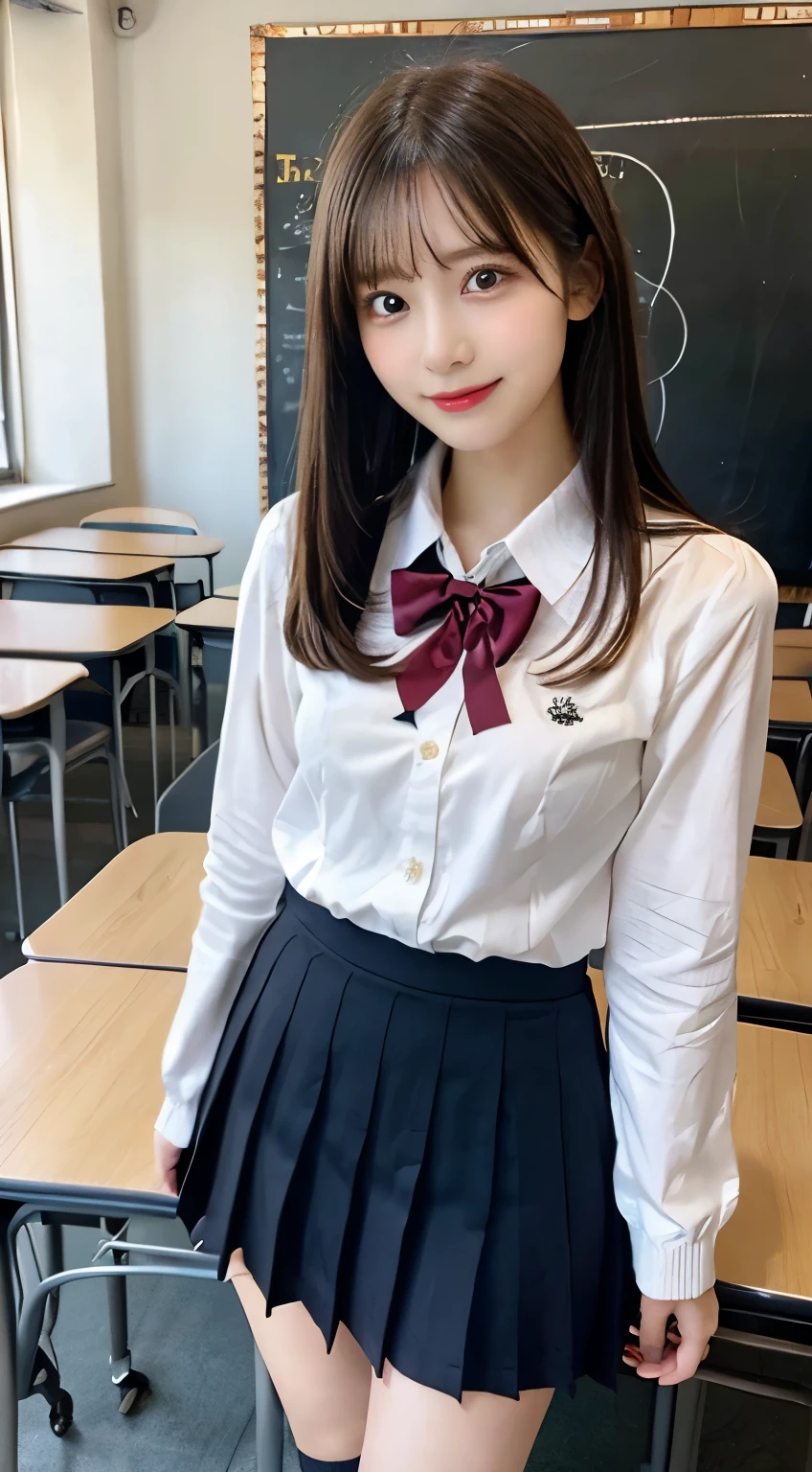 (realisitic、Photorealsitic:1.37)、(​masterpiece)、(top-quality:1.4)、(超A high resolution:1.2)、(RAW Photography:1.2)、(foco nítido:1.3)、(Face Focus:1.2)、elegent、(full bodyesbian:1.2)、top-quality、​masterpiece、(真实感:1.2)、girl with、brown haired、brown-eyed、frontage、A detailed face、beautidful eyes、Pleated mini skirt uniform、Sitting at the bus stop(1.5)、Biting smile、a lot of eyelashes、high-heels、 Very pretty