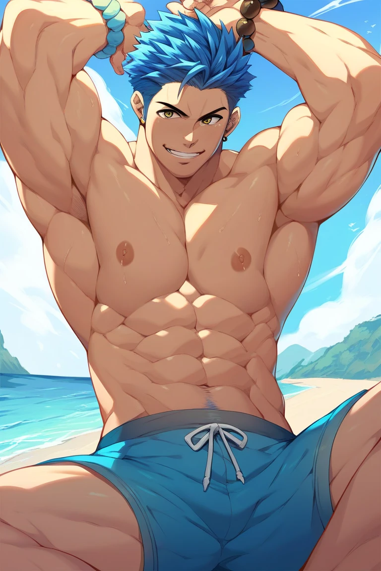 ((best quality)), ((masterpiece)), ((detailed)), (((perfect face))), (((well built young man))), (((male))), (((nude))), (((enormous dick))), (((thick legs))), (((abs))), (((perfect body))), (((muscular))), (((happy, grinning, smile))), (((looking at viewer))), (((beach, rocks))), (((hands on hips))), (((blonde hair))), (((bare chest))), ((bare arms)), ((bare shoulders))