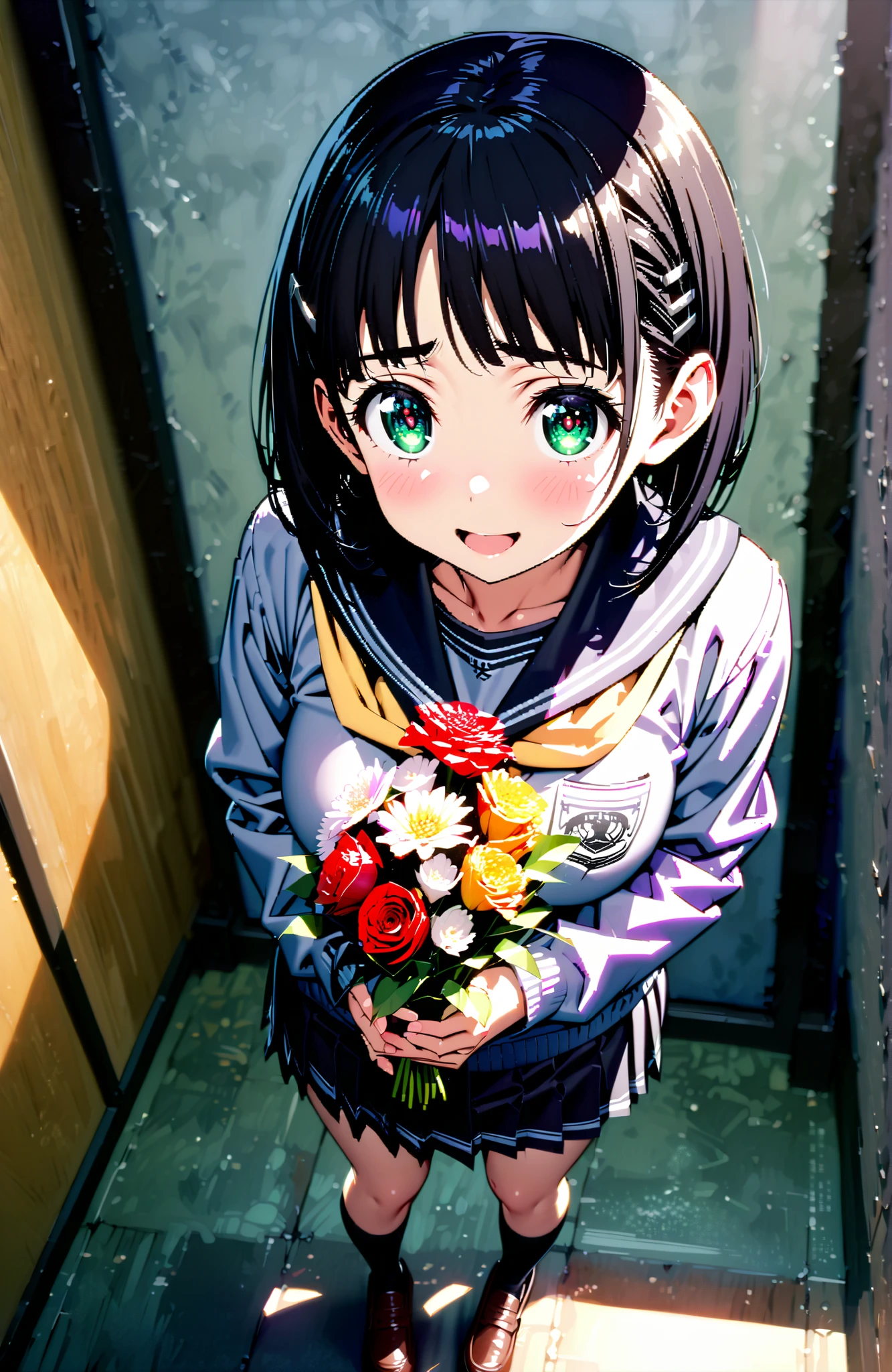 Kirigaya Naoha , short hair, black hair, hair ornament, hair clip, green eyes,smile,blush,and open the mouth,
school uniform, skirt for ears, pleated skirt for ears, sailor collar, black skirt for ears, Sailor Suit, long sleeve, neckerchief, (gray sweater, sweater:1.2), black sailor collar, yellow neckerchief, black high socks,Holding a bouquet in both arms,standing,break looking at viewer,full body,
break indoors, Kendo Dojo,
break (masterpiece:1.2), best quality, high resolution, Unity 8Kの壁紙, ( illustration :0.8), (beautiful detailed eyes:1.6), very detailed faces, perfect lighting, very detailed CG, (perfect hand in h, 完璧な解剖学),