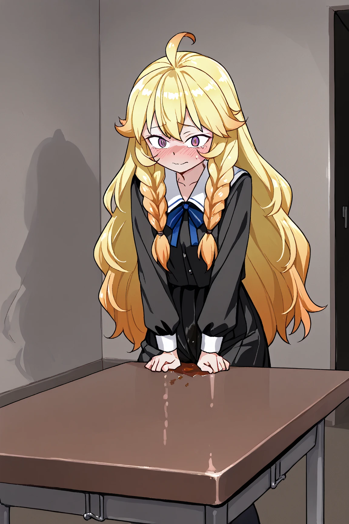 (1girl ,20s,mature female,adult),happy,white shirt,short sleeves,black standard tie,white school skirt,blonde hair,long hair,(classroom),((shoggoth)),full body