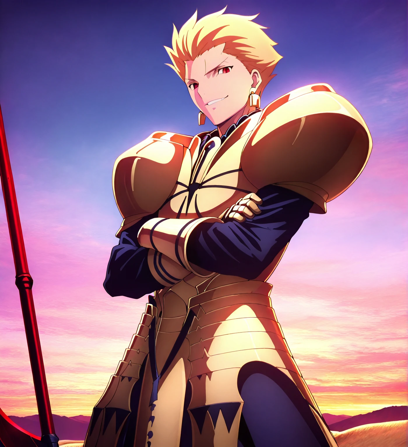 high resolution , masterpiece , necessary , detail , best quality , quality , necessary , details , High details , Precise , full view , 1man, Gilgamesh ( Fate ), looking at viewer , crossed arms, blond hair skicked back, red eyes, arrogant smile, light portals all around him fireing weapons like axe sword spear, nighttime, clear sky behind him