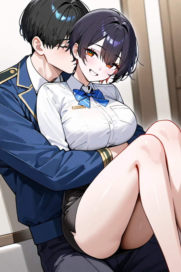 masterpiece:1.3、ultra high resolution:1.3、uncensored,1girl, sitting on bed,(gray knee-high socks),G cup、full body、beautiful silver bob hair、sexual excitement、erotic、blush、real moist skin、Stuffy、wet、cute、fashion,( blazer, miniskirt)、1boy,penis,nursing handjob,breast sucking,penis,nipples,lactation,cum,
