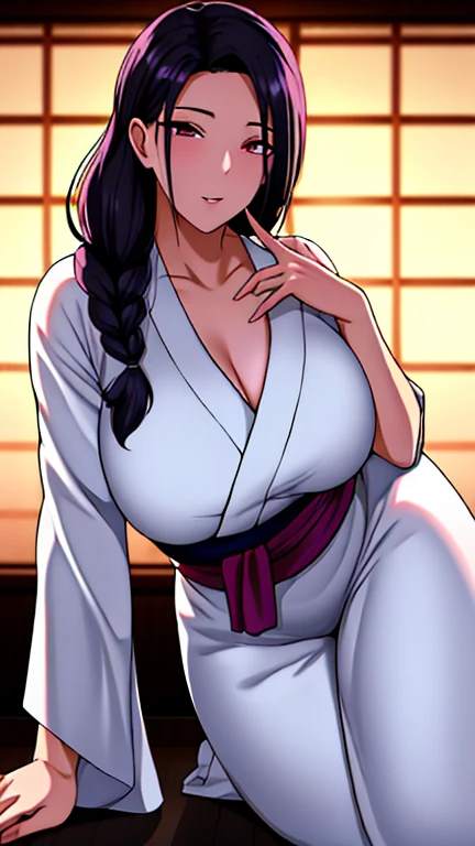 1 girl, 16 years old, japanese, sexy, curvy, round boobs, smiling, hand on belly, black hair, hair bun, sexy tight blue kimono, hourglass waist, model, upper body view
