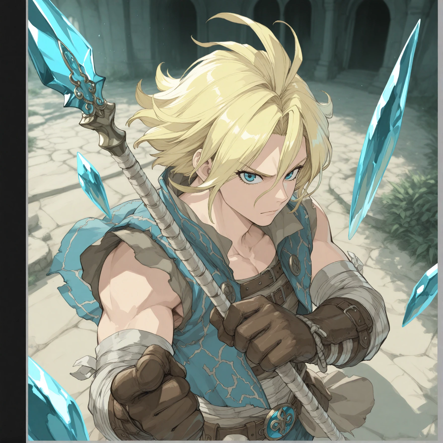 (1boy, solo, barbarianlink), (extremely detailed CG unit 8k wallpaper),(master part), (best quality), (ultra detail), (best illustration),(ghibli style), cowboy shot, (Sharp eyeliner, ombre, detailed eyes:1), oasis, outdoors background, ,break,  (GHIBLI_Background), upper body, mask_on_head, helmet, male_focus, looking_at_viewer , blond_hair, 
