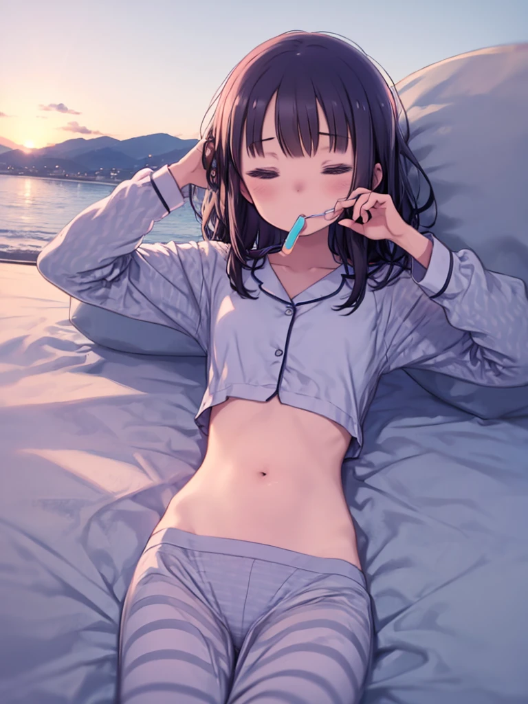Realistic depiction、(infant:1.9)、Flat Chest、(((She spreads her legs to show off her white underwear.)))、((Panty stains))、She is wearing a white camisole with an opening in the middle, I don't have a bra on
