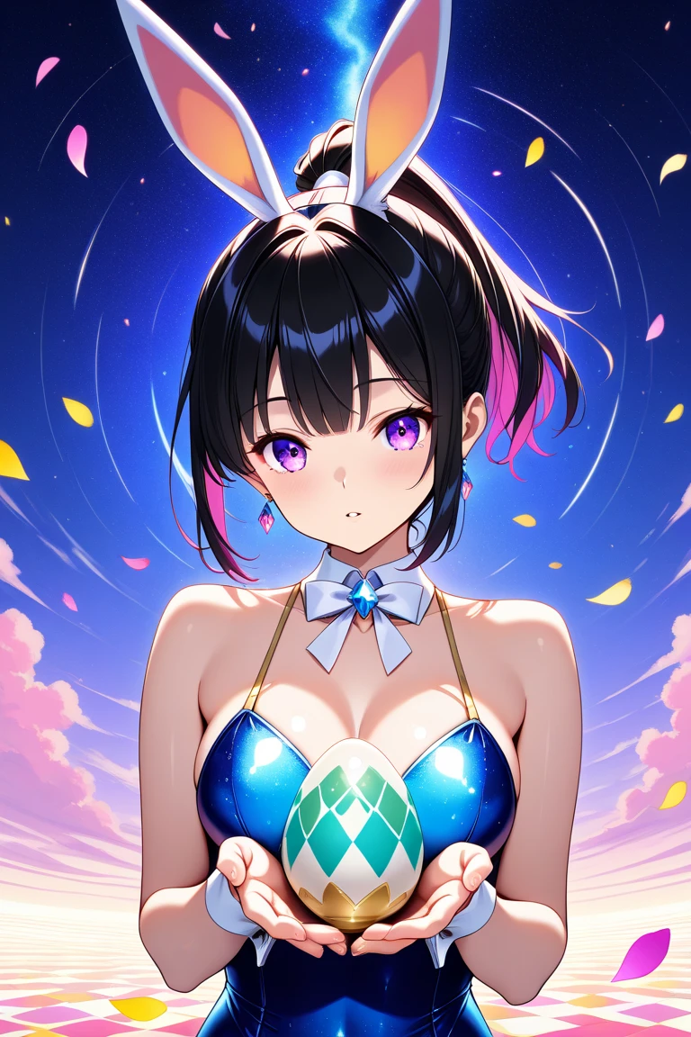 ((Highest quality、masterpiece、anime style、best quality、high resolution、8k、detailed、ultra-detailed:1.3))、Long legs:1.2, Beautiful woman with perfect figure:1.4、(Smiling:1.2), double eyelid、30-year-old female、((One Woman,beautiful face,Beautiful face、Japanes,night,upper body:1.2)),Big Breasts、High resolution, accurate, Anatomically correct, High-resolution model, high quality, Very detailed, Ultra high definition, Textured skin,((moon in the sky,dynamic angle,looking at viewer,outdoor,A field covered with silver grass、Sparkly enamel dress,Several rabbits pounding rice cakes in the background:1.2)),starry skies