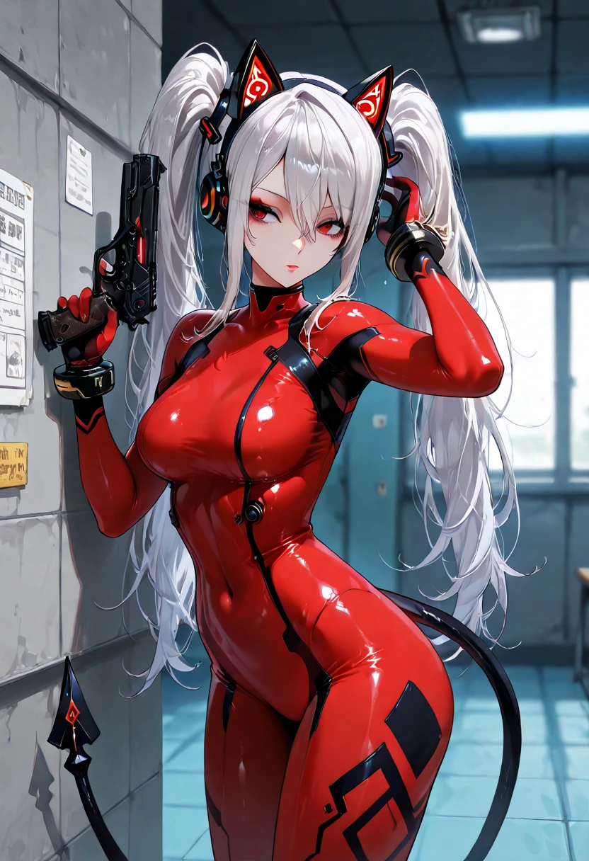 (Very good, professional, Surreal), she is wearing a black bodysuit, The suit has red energy lines, silver hair, ponytail, red eyes, erection under clothes