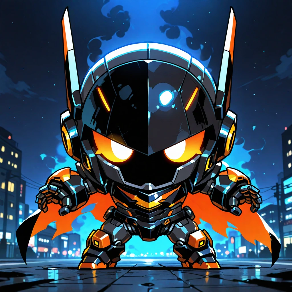 masterpiece, best quality, amazing quality, solo, no humans, dark hero, chibi robot, night background