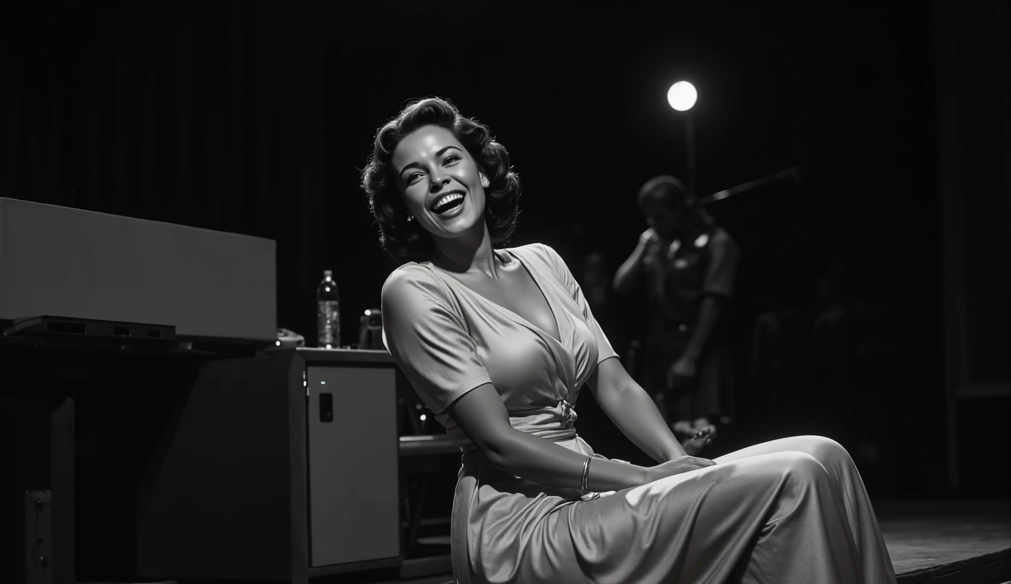 Black and white candid shot of a jazz singer laughing between songs, sitting on the edge of the stage, long dress gathered around her, spotlight fading into darkness behind her
