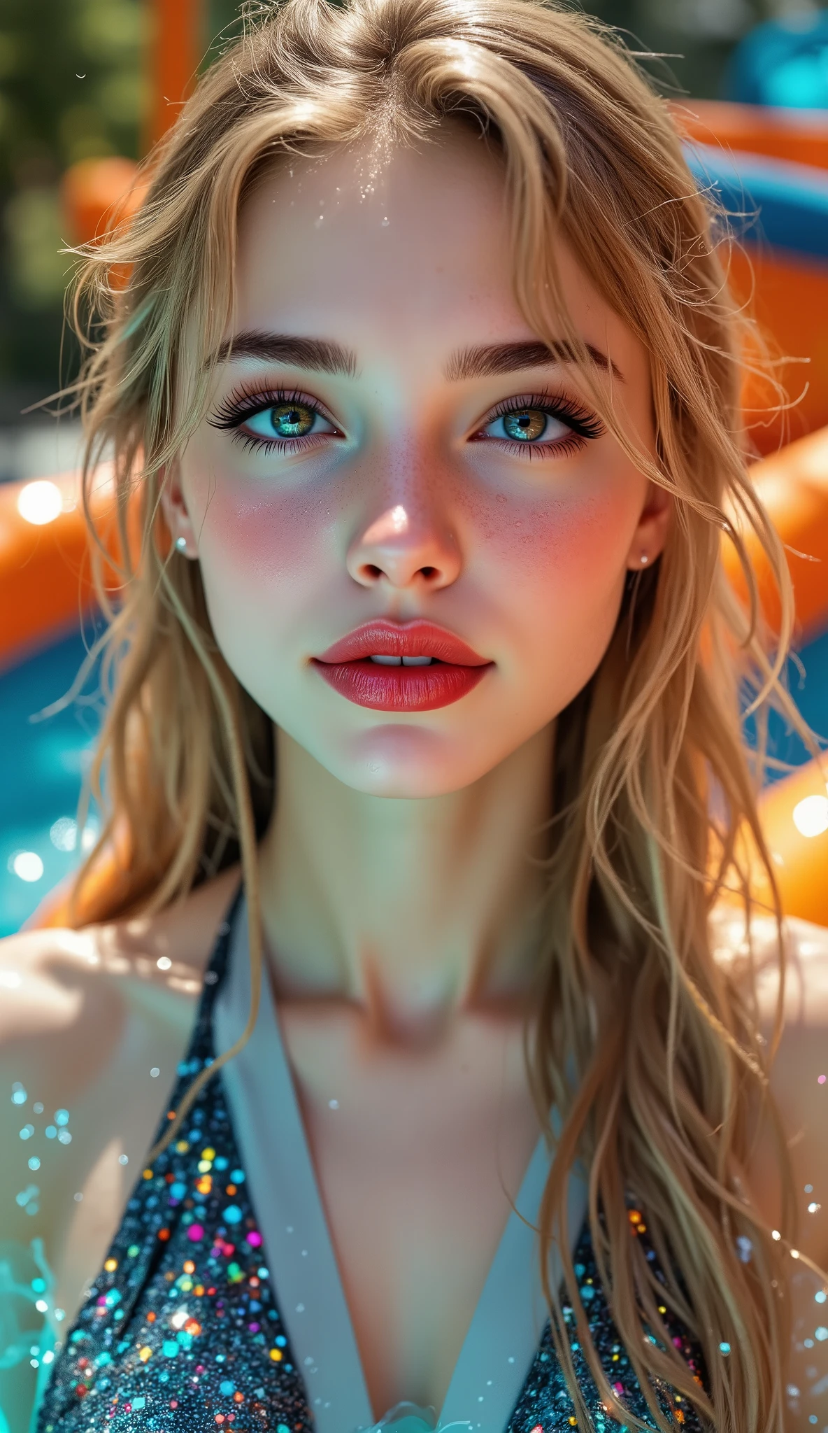 [Style: "masterpiece, realistic, (photorealistic Realism), ultra-detailed, UHD, Hyper high resolution" - "(Hyper quality, intricate ultra-detailed digital art)"] (Key Directive: - ("The priority is the anatomical accuracy and texture of the materials" - "Ultra-sharp human eyes with biological accuracy") {Character: "20-year-old white female" | Face: "symmetrical, pale skin, full lips, red lipstick: 1.15" | Eyes: "brown irises (hyper-detailed pupils:1.2), blue false lashes:1.28" (a cute and very beautiful, girl), (ultra realistic texture details: velvety skin, hair),((sharp focus, no blurry eyes, high resolution, absurd quality, Realistic brown_eyes:1.3),intricately detail:1.3),((extremely fine details eyes))(extra narrow eyebrows),(extremely fine details pupils),((focus on the face, open mouth, joyful expression)),((perfect dark_eyeshadows:1.4)),(apply glossy red_lipstick:1.3),(perfect proportions:1.2),(anatomically correct), perfect female body, full bodyesbian, ((Beautiful long legs in good style:1.35)), ((no bra, no panties:1.3)), (medium butt), (Beautiful bikini, made of ribbon), ((Micro Slingshot Swimsuit: 1.3)), ((Wear Micro Sling Made of ((ultra Narrow,, Sparkly neon)), Tight, PVC Ribbon: 1.4)), (Golden Hair,Long Hair,two side up,Crossed bangs,between hair), (girl, on all fours on the AquaLoop water slide), (Big AquaLoop water slide), (Sunny fun on the AquaLoop water slide), wet scene, due to water splashes, ((dynamic pose, beautiful and detailed water-soaked hair, clothes)), ((water droplets on the body, water flowing from the hair onto the body:1.2)), dslr, high quality split lighting, sharp focus captured by Fujifilm XT3, f 5.6,(perfect composition),((look at the viewer)),(Rendering engine: "Unreal Engine 5 path tracing, 16K texture maps") }