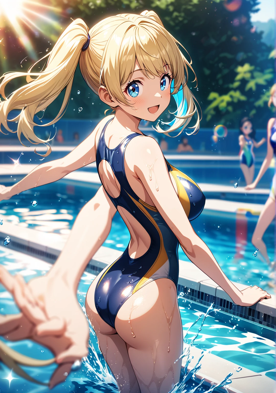 Best image quality、8K quality、high quality、Detailed Images、One girl、solo、Whole Body Ezbian、Marie Rose、Twin tails、Laughter、Embarrassing、blush、Small and plump breasts、、(protrusion at the tip of the chest:1.6)、(Slender body))、(Nipples showing through:1.5)、((Shiny Blue Metallic))、((No sleeve))、((High neck competitive swimsuit:1.2))、(High leg:1.3)、(Pierce the groin hard)、(Hard Hole in the Crotch:1.3)、((Crouch on the ground))、(((Open your crotch wide to the left and right:1.2)))、(Spread your legs:1.2)、(Arms behind head:1.3)、(Show off your armpits:1.2)、((Black high socks:1.3))、((Brown Loafers:1.3))、(Staring at the audience)、(Facing the audience)、(Keep an open mind to your audience)、(White knee-highs)、By the pool、Professional Lighting、Front shot