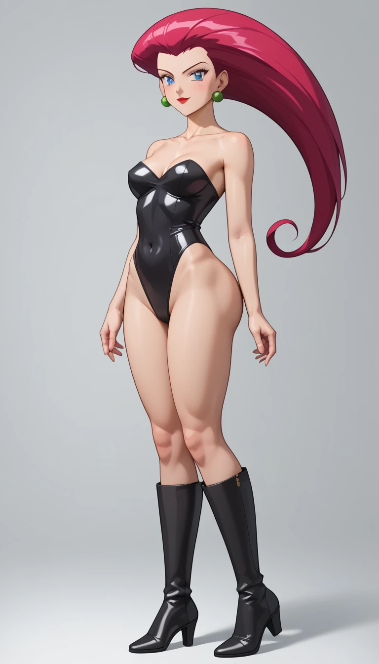 girl, dark red hair, brown eyes, big lips, lip gloss, long hair, medium breasts, bare shoulders, hourglass figure, (narrow waist), thick thighs, thick ass, defined stomach, sexy pouty lips, cleavage, black latex babydoll micro bikini, sexy thight micro panties, detailed face and eyes, elf ears, fullbody shot, high thigh boots, seductive pose