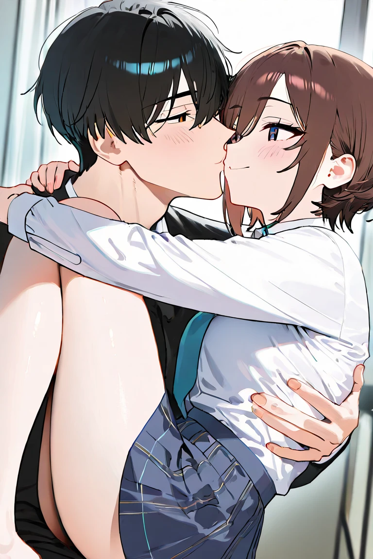 best quality, masterpiece, ultra-detailed, high quality, highres, takeda hiromitsu style, 1girl, mature female, brown hair, low bun, beautiful, beautiful and perfect face, open mouth, (white t-shirt), score_9_up, score_8_up, score_7_up, source_anime, masterpiece, perfectly detailed, detailed face, detailed eyes, beautiful eyes, Smelling Penis, smelling_penis, 1girl, hetero, 1boy, bulge, smelling, blush, hand on another's head, male underwear, toujou nozomi, erection under clothes, collarbone, sweat, from side, solo focus, parted lips, white background, penis on face, simple background