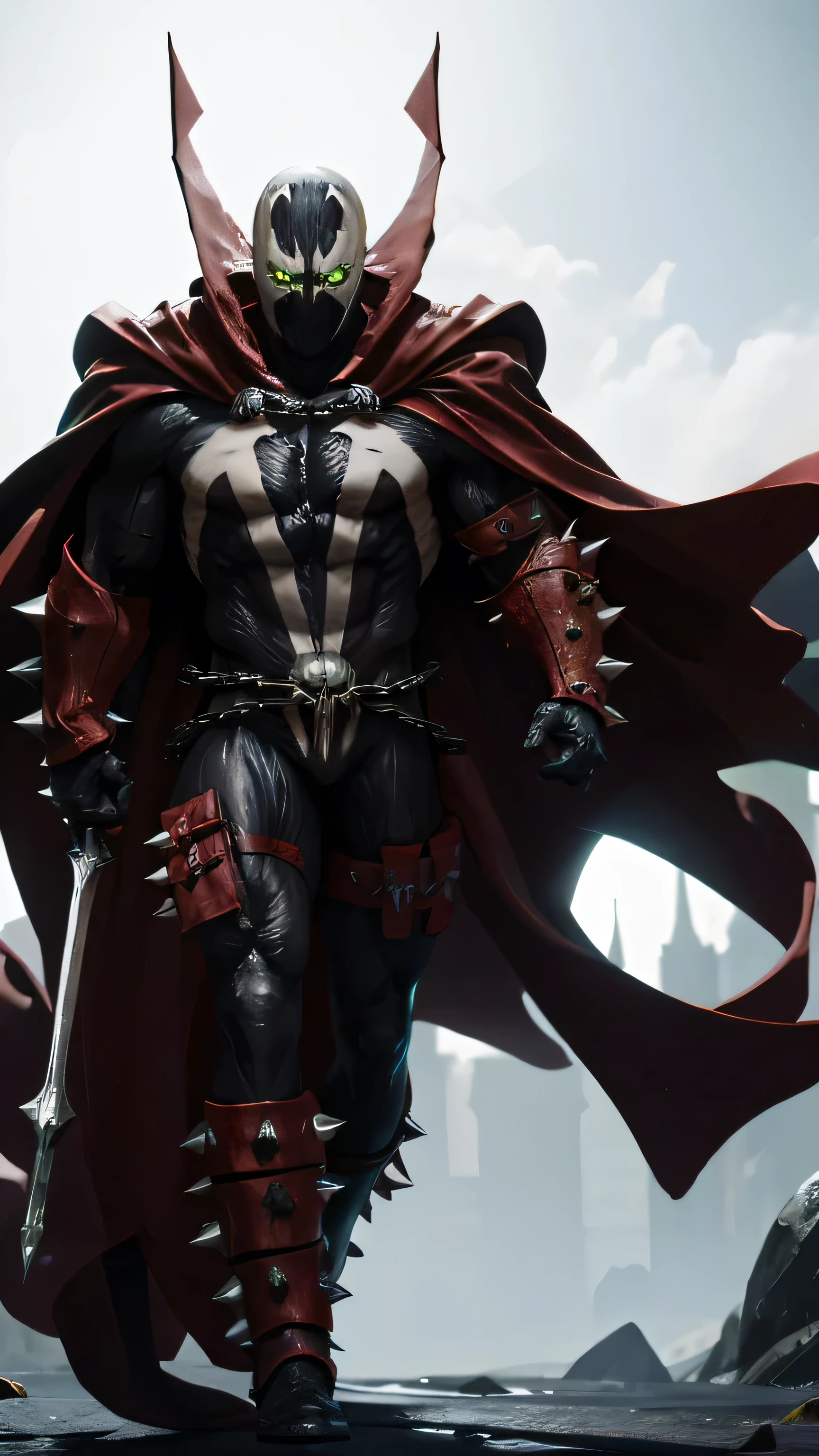 Pixar style, foreground, focus on eyes, engendro2023, long red neck, , red cape, chains, calaveras, bright green eyes , textured suit, red gloves, sneakers with studs, dramatic lighting, 8K, muscular, Ultra High Definition, better quality, Awarded Photo, RTX activated, unreal motor 5, extremely high resolution, long cape , big red boot, large gauntlet , flowing cape , asymmetric red armor, Mascara, night, dramatic lighting, epic red cape, wide shoulders, peaked shoulders, payment, cgi