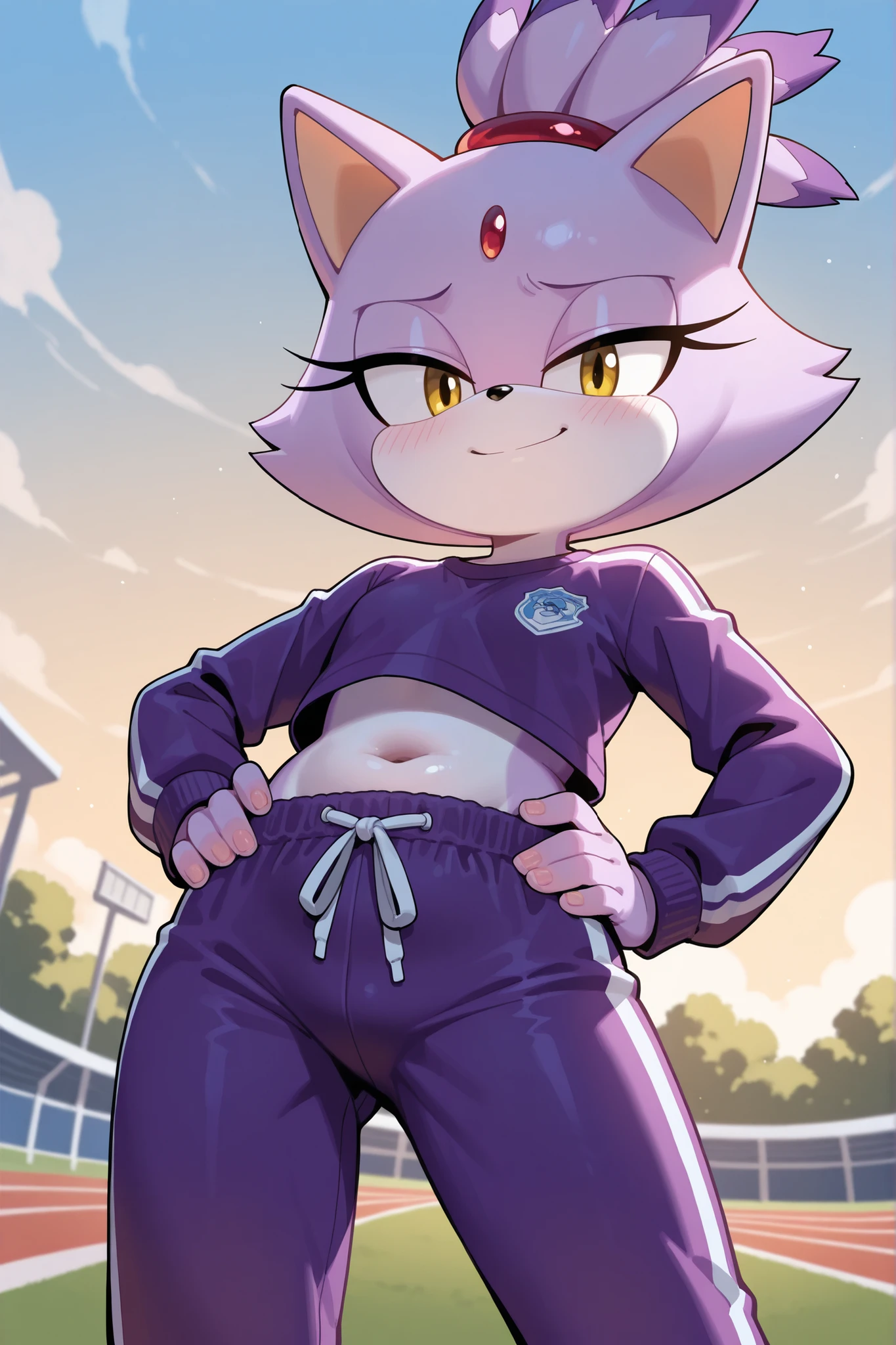 masterpiece, best quality, amazing quality, very aesthetic, absurdres, source furry, blaze the cat, half closed eyes, yellow eyes, seductive look, outdoors, gym field, looking at viewer, smile, standing, hands on hip, closeup, viewed from below, purple shirt with pink edges, long sleeves, purple sweatpants, gym pants, gymnastic pants, navel, belly, midriff