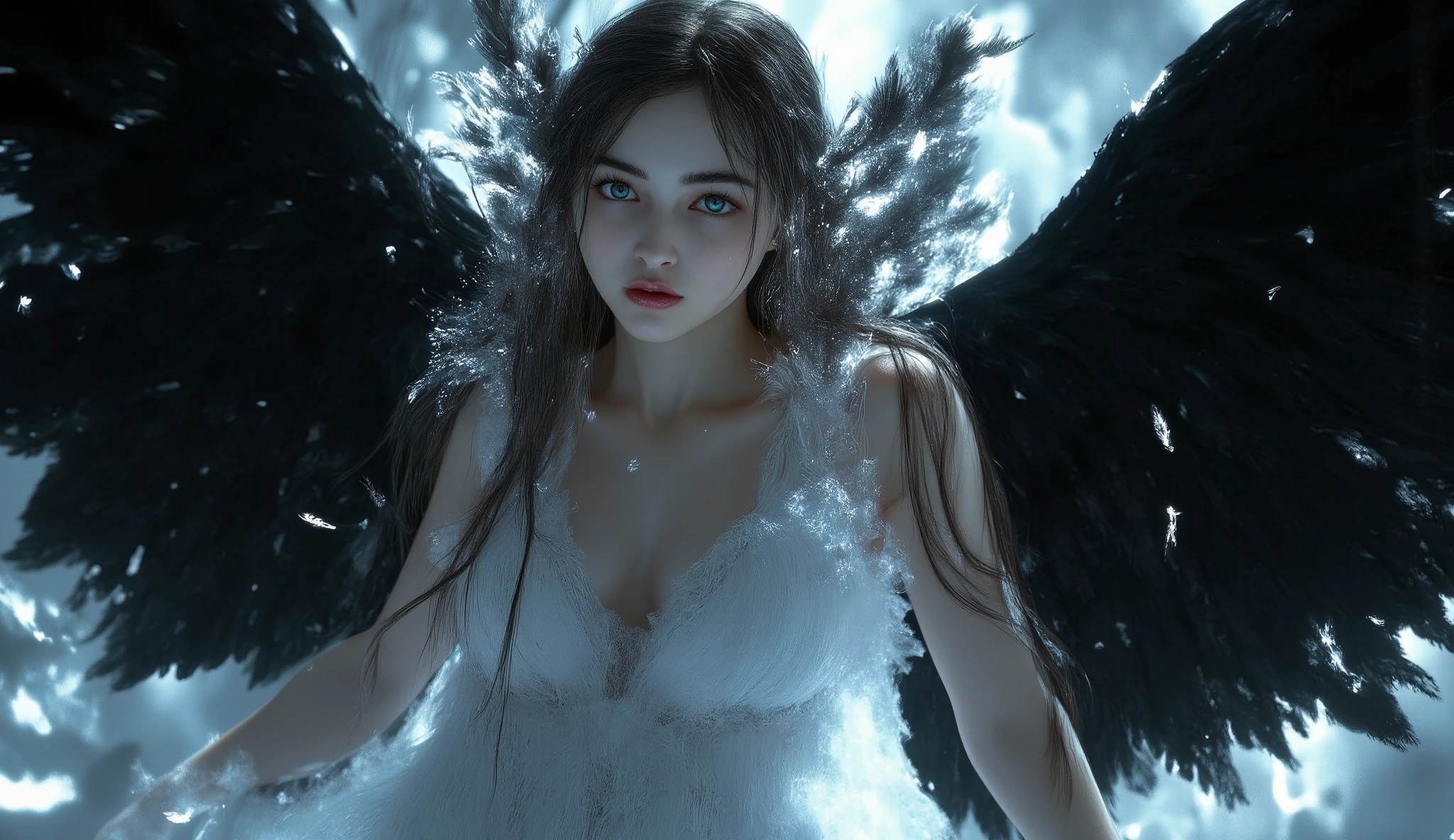 girl, Fallen Angel,  black wings, ((big wings covering the body:1.5)),faded white and black hair, very long white dress ,emerald blue eyes, pale skin,((falling feathers falling from the sky)),high resolution, masterpiece, accurate, anatomically correct, Award-winning, 最High Quality, Advanced Details, High Quality, very detailed with bubbles, anime,  digital art , super detailed, Suprematism, 