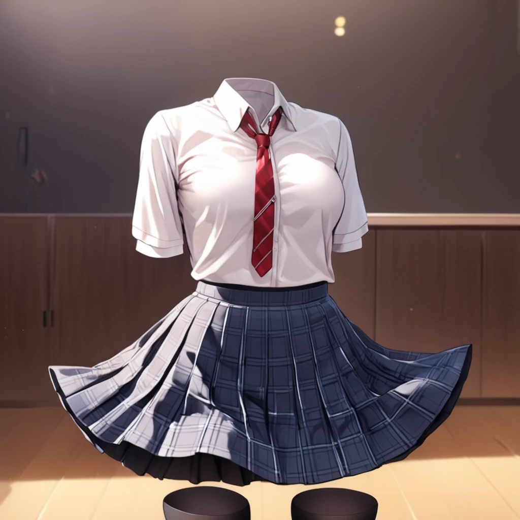 (invisible:1.5, no humans:1.5, headless:1.5, faceless:1.5), (plaid skirt, school uniforms, lifted skirt, panties, black pantyhose:1.2), (big breast), (best quality, masterpiece:1.2), detailed cloth texture, detailed anime, super fine illustration