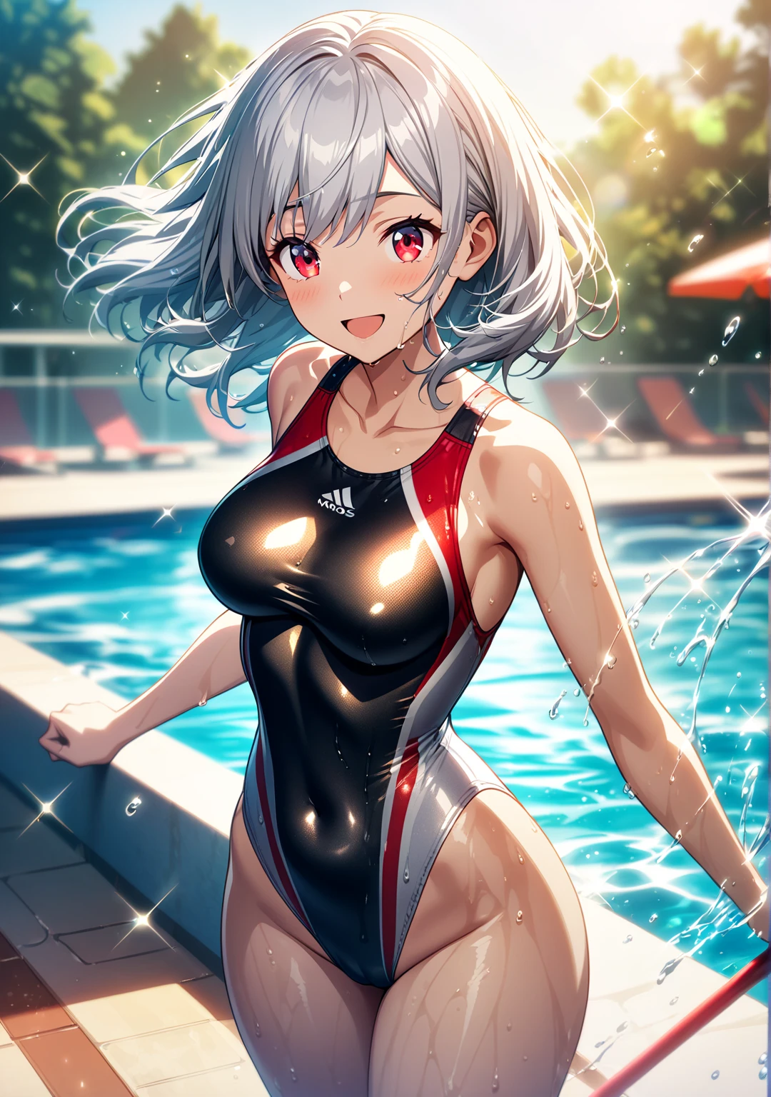 (dark skin,Silver Hair,Fox Girl),(Perfectly detailed face),(Young),(Wet compression one-piece full back swimsuit),cameltoe,School swimming pool,noon,sweaty,Smirk,High resolution, masterpiece, Highest quality, High resolution, Cowboy Shot