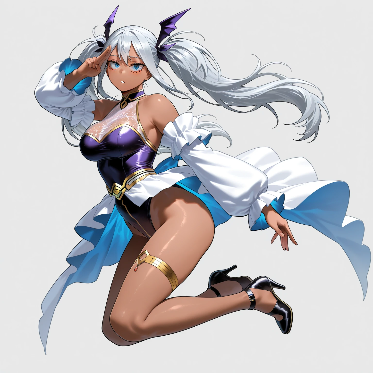 (masterpiece, best quality:1.3), Gurimjang, 1girl, solo, wide hips, large breasts, thick thighs, mature female, (perfect hands:1.2), closed mouth, looking at viewer, seductive smile, simple background, white background, (full body:1), <lora:add_detail:.5>, <lora:Gurimjang Style:1>, character \(series\) jewelry, gloves, jacket, dice, mole, dress, earrings, tassel, sleeveless, green eyes, short hair, blue hair, vision (genshin impact), fur trim, white jacket, mole on breast, bob cut, multicolored hair, black hair, fur-trimmed jacket, elbow gloves, bare shoulders, blue dress, diagonal bangs, clothing cutout, pelvic curtain <lora:Yelan_Hard:.8>
