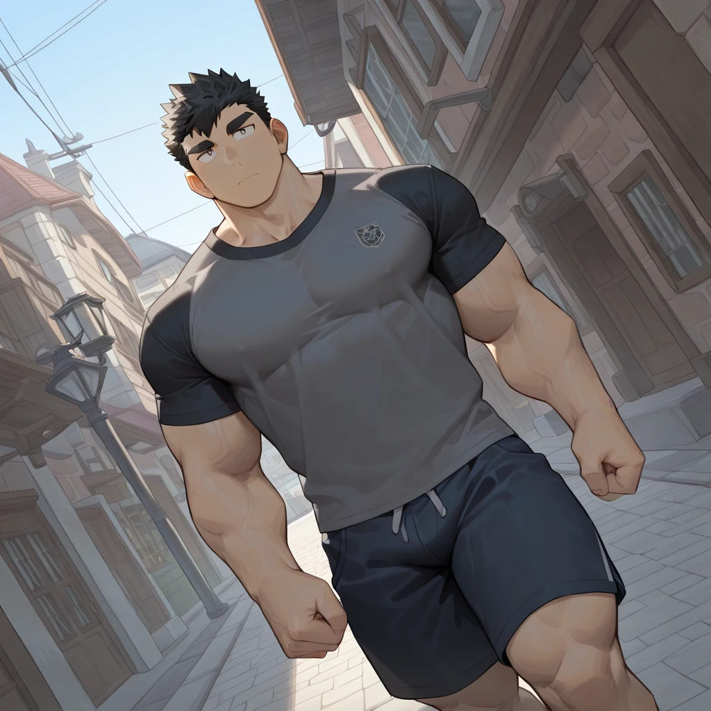 4k, masterpiece, high resolution:1.2, 1 man, 42 year old, solo, bara, muscular!!!, really tall, big physique (beast), bulk, hairy body, crew cut hair, facial hair, black hair, cute smile, friendly, running in a park, wearing red running shorts, wearing a big long black tank top, wearing a smart watch, sweaty body, wearing glasses, ultra detailed, flat style