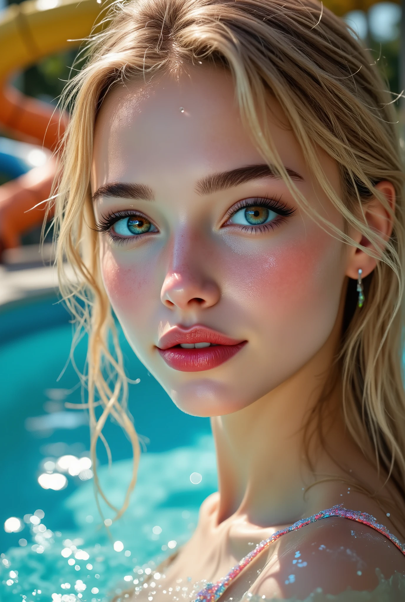  [Style: "masterpiece, realistic, (photorealistic Realism), ultra-detailed, UHD, Hyper high resolution" - "(Hyper quality, intricate ultra-detailed digital art)"] (Key Directive: - ("The priority is the anatomical accuracy and texture of the materials" - "Ultra-sharp human eyes with biological accuracy") {Character: "20-year-old white female" | Face: "symmetrical, pale skin, full lips, red lipstick: 1.15" | Eyes: "brown irises (hyper-detailed pupils:1.2), blue false lashes:1.28" (a cute and very beautiful, girl), (ultra realistic texture details: velvety skin, hair),((sharp focus, no blurry eyes, high resolution, absurd quality, Realistic brown_eyes:1.3),intricately detail:1.3),((extremely fine details eyes))(extra narrow eyebrows),(extremely fine details pupils),((focus on the face, open mouth, joyful expression)),((perfect dark_eyeshadows:1.4)),(apply glossy red_lipstick:1.3),(perfect proportions:1.2),(anatomically correct), perfect female body, full bodyesbian, ((Beautiful long legs in good style:1.35)), ((no bra, no panties:1.3)), (medium butt), (Beautiful bikini, made of ribbon), ((Micro Slingshot Swimsuit: 1.3)), ((Wear Micro Sling Made of ((ultra Narrow,, Sparkly neon)), Tight, PVC Ribbon: 1.4)), (Golden Hair,Long Hair,two side up,Crossed bangs,between hair), (girl, on all fours on the AquaLoop water slide), (Big AquaLoop water slide), (Sunny fun on the AquaLoop water slide), wet scene, due to water splashes, ((dynamic pose, beautiful and detailed water-soaked hair, clothes)), ((water droplets on the body, water flowing from the hair onto the body:1.2)), dslr, high quality split lighting, sharp focus captured by Fujifilm XT3, f 5.6,(perfect composition),((look at the viewer)),(Rendering engine: "Unreal Engine 5 path tracing, 16K texture maps") }