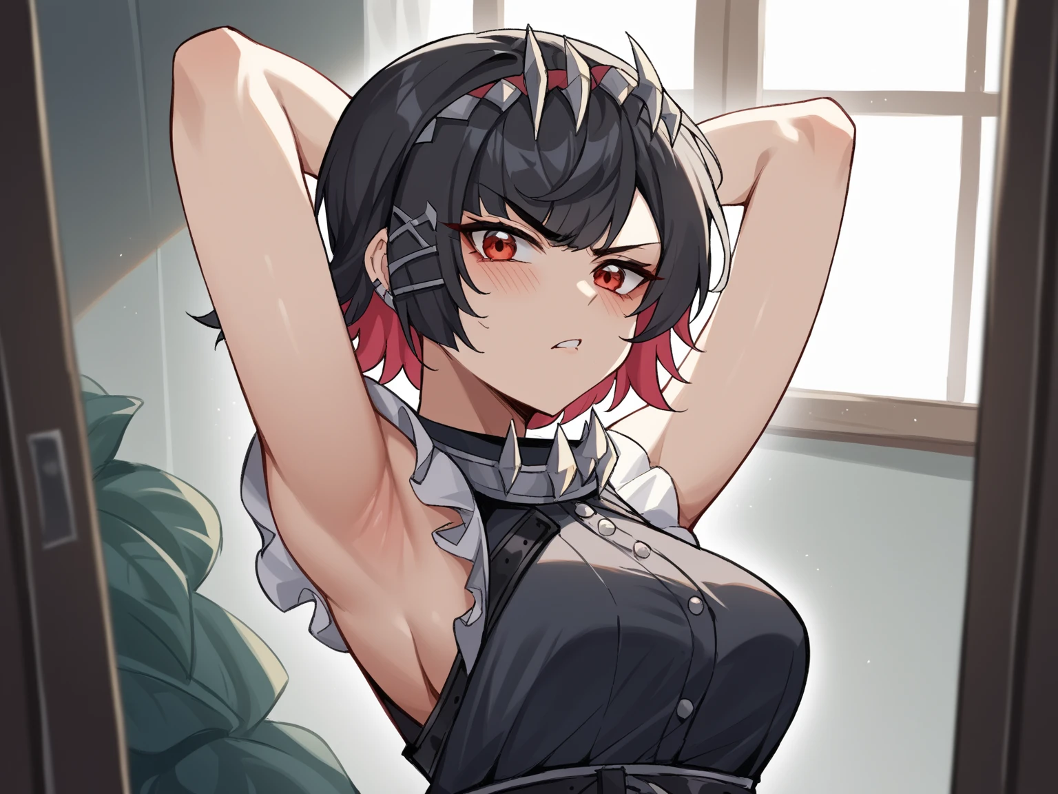 1girl,((black hair))
BREAK ((ellen joe, black hair, colored inner hair, multicolored hair, (red eyes:1.3), red hair, short hair, two-tone hair:1))
BREAK ((bunnygirl costume,:1.4))
BREAK indoors,
BREAK looking at viewer,
BREAK (masterpiece:1.2), best quality, high resolution, unity 8k wallpaper, (illustration:0.8), (beautiful detailed eyes:1.6), extremely detailed face, perfect lighting, extremely detailed CG, (perfect hands, perfect anatomy),