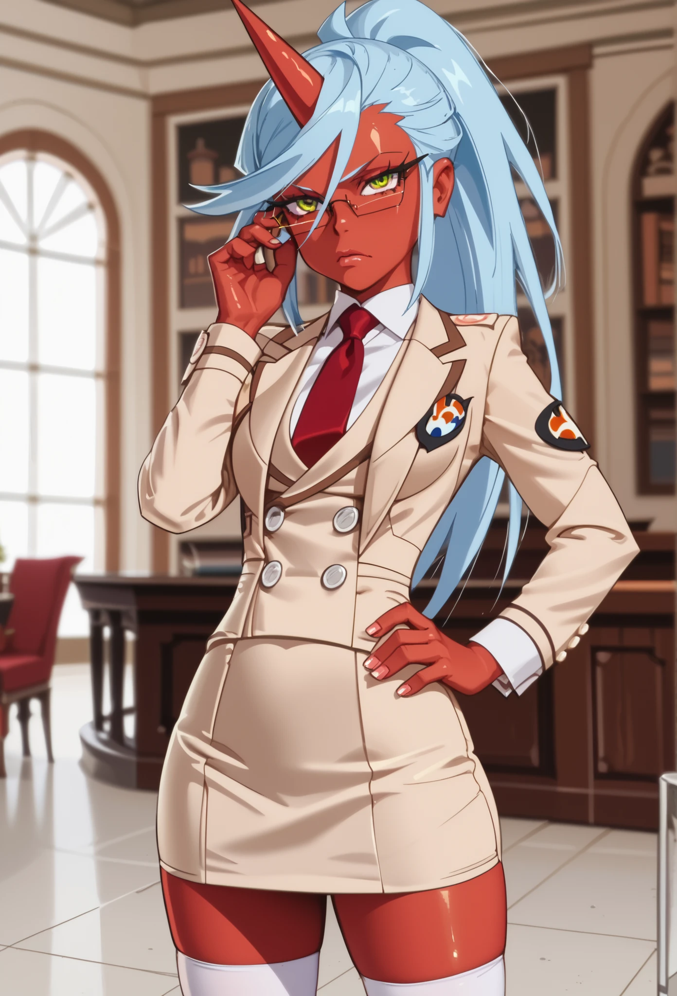 (nsfw:1), (Uncensored:1), p&s style, score_10, sharp, anime screencap, flat shadows, flat colors,1girl,,, (cowboy shot), , anime screencap, flat shadows, flat colors, kneesocks, glasses, red skin, light blue hair, ponytail, short, horn, demon horn,  beige uniform, beige skirt suit, solid silk red necktie, (((bodycon miniskirt))), beige blazer, (((brown lapels))), waistcoat belt, white thighhighs, shiny skin, oily skin, 1girl, Simple background, depth of field, indoors,  three-piece suit, waistcoat, formal, vest, blazer and waistcoat, serious, hand on hip, adjusting glasses
