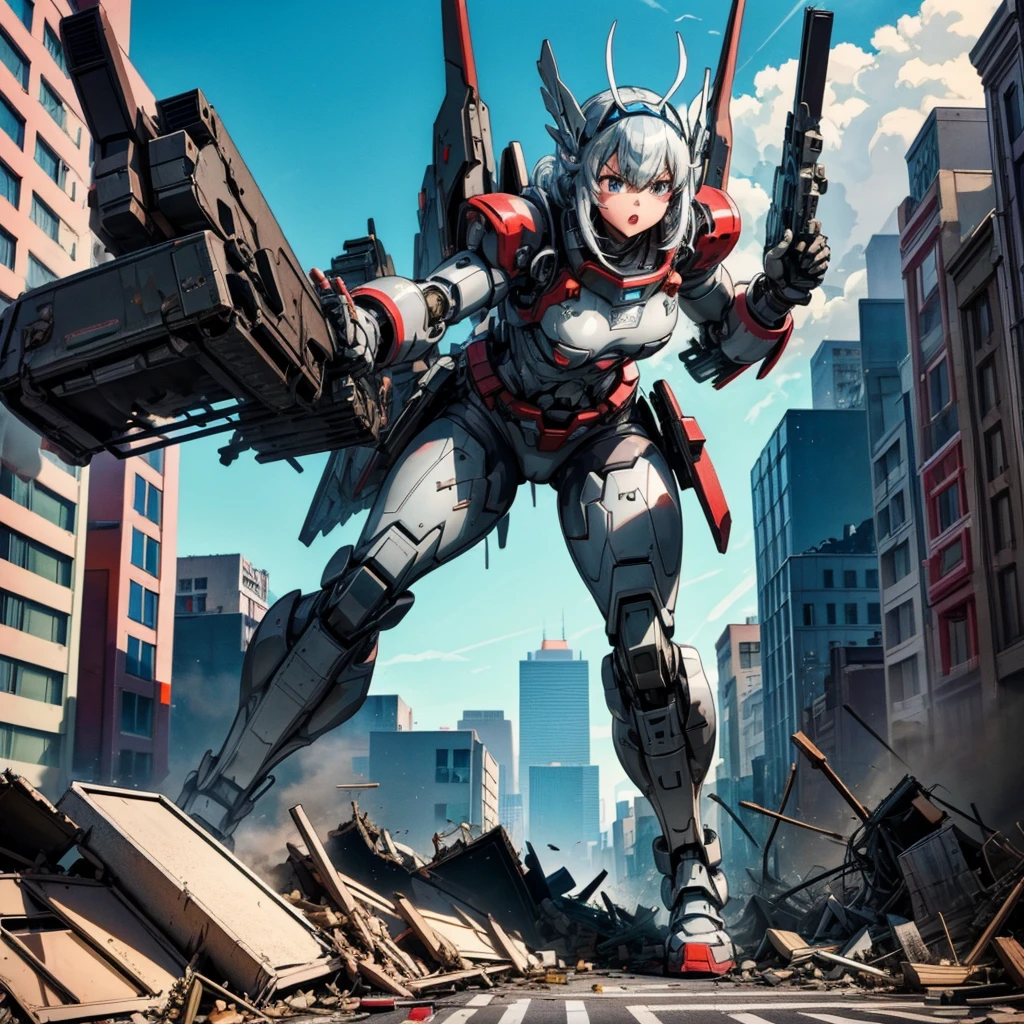anime character with a gun in a city with buildings in the background, Cyberpunk anime girl mecha, best anime 4k konachan wallpaper, digital cyberpunk anime art, digital cyberpunk - anime art, Anime Manga Robot!! Anime Girl, anime mecha aesthetic, modern mecha anime, anime cyberpunk art, girl in mecha cyber armor, cyberpunk anime art, mecha asthetic