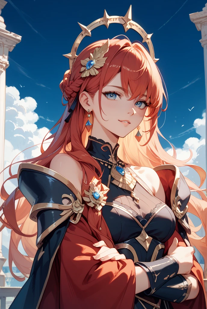 a close up of a woman with long red hair and a sword, my dress up darling anime, anime princess, anime goddess, portrait knights of zodiac girl, alluring elf princess knight, rias gremory, anime in fantasy style, anime waifu, elf princess knight, knights of zodiac girl, jellyfish shrine maiden 8k, waif