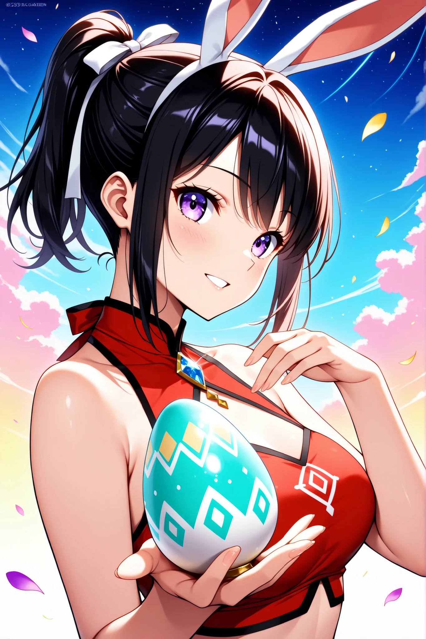 (masterpiece),(absurdres),(ultra detailed),solo lady,(23-year-old),black hair,purple eyes,(short ponytail:0.8, highponytail),bangs:1.1,(1white ribbon:1.1),(small-breast:0.7),upperbody shot,(happy easter concept:1.3,2025 easter,hand on egg,diamond on egg、white-diamond gem),(crimson tankini,hand on egg:1.2,Bunny's ear,night sky、colorful-garden background,Floating colorful petals:1.1)、looking viewer,side view,parted lips,smile,レイナ