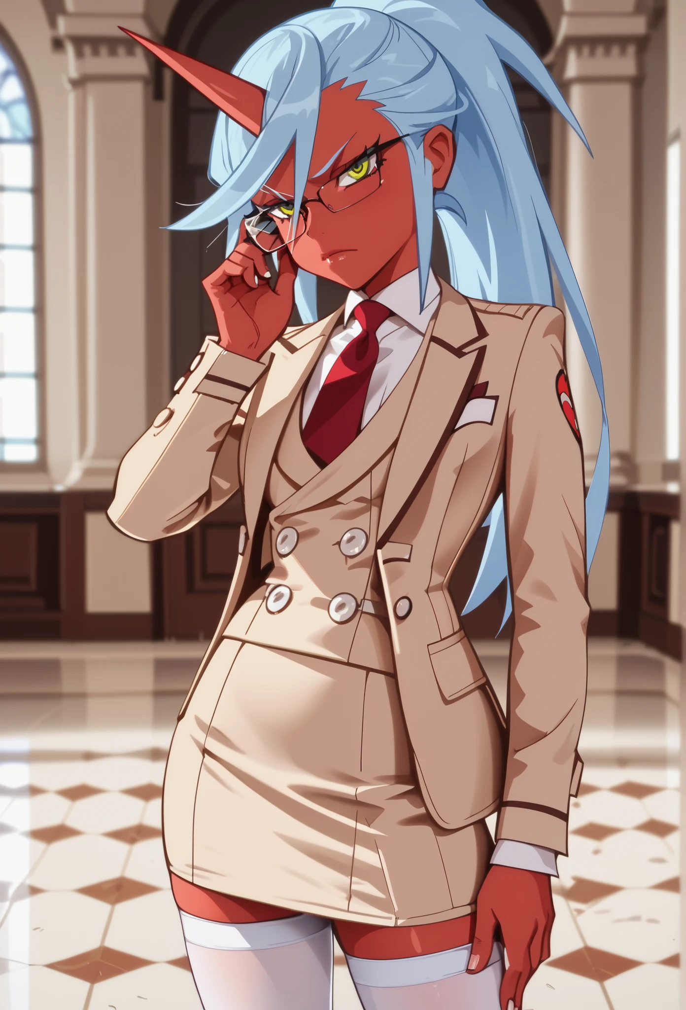 (nsfw:1), (Uncensored:1), p&s style, score_10, sharp, anime screencap, flat shadows, flat colors,1girl,,, (cowboy shot), , anime screencap, flat shadows, flat colors, kneesocks, glasses, red skin, light blue hair, ponytail, short, horn, demon horn, beige uniform, beige skirt suit, solid silk red necktie, (((bodycon miniskirt))), beige blazer, (((brown lapels))), waistcoat belt, white thighhighs, shiny skin, oily skin, 1girl, Simple background, depth of field, indoors, three-piece suit, waistcoat, formal, vest, blazer and waistcoat, serious, hand on hip, adjusting glasses
