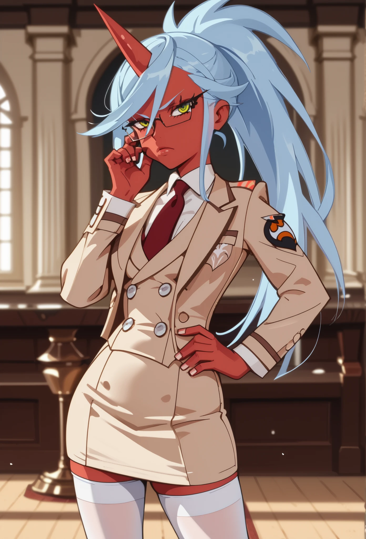 (nsfw:1), (Uncensored:1), p&s style, score_10, sharp, anime screencap, flat shadows, flat colors,1girl,,, (cowboy shot), , anime screencap, flat shadows, flat colors, kneesocks, glasses, red skin, light blue hair, ponytail, short, horn, demon horn, beige uniform, beige skirt suit, solid silk red necktie, (((bodycon miniskirt))), beige blazer, (((brown lapels))), waistcoat belt, white thighhighs, shiny skin, oily skin, 1girl, Simple background, depth of field, indoors, three-piece suit, waistcoat, formal, vest, blazer and waistcoat, serious, hand on hip, adjusting glasses