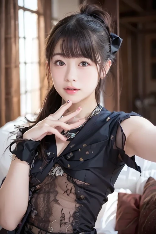 1 nogizaka girl, So cute, bishojo, 14, (gothic  fashion), A delicate and beautiful face, eyes, and skin, dense black shiny hair, elegant frills, frilled tie, ribbon tie, rose hair accessories, twin tails、(smile at the camera), (cowboy shot), (european castle), professional lighting, break, (realistic, photo-realistic:1.37), 8K, (masterpiece), (highest quality:1.4), (ultra high resolution:1.2), (RAW photo:1.2), (a dress with delicate lace, soft fabric, and a beautiful rose pattern), perfect anatomy, 4 fingers and 1 thumb, super detailed background, (unity 8K wallpaper)